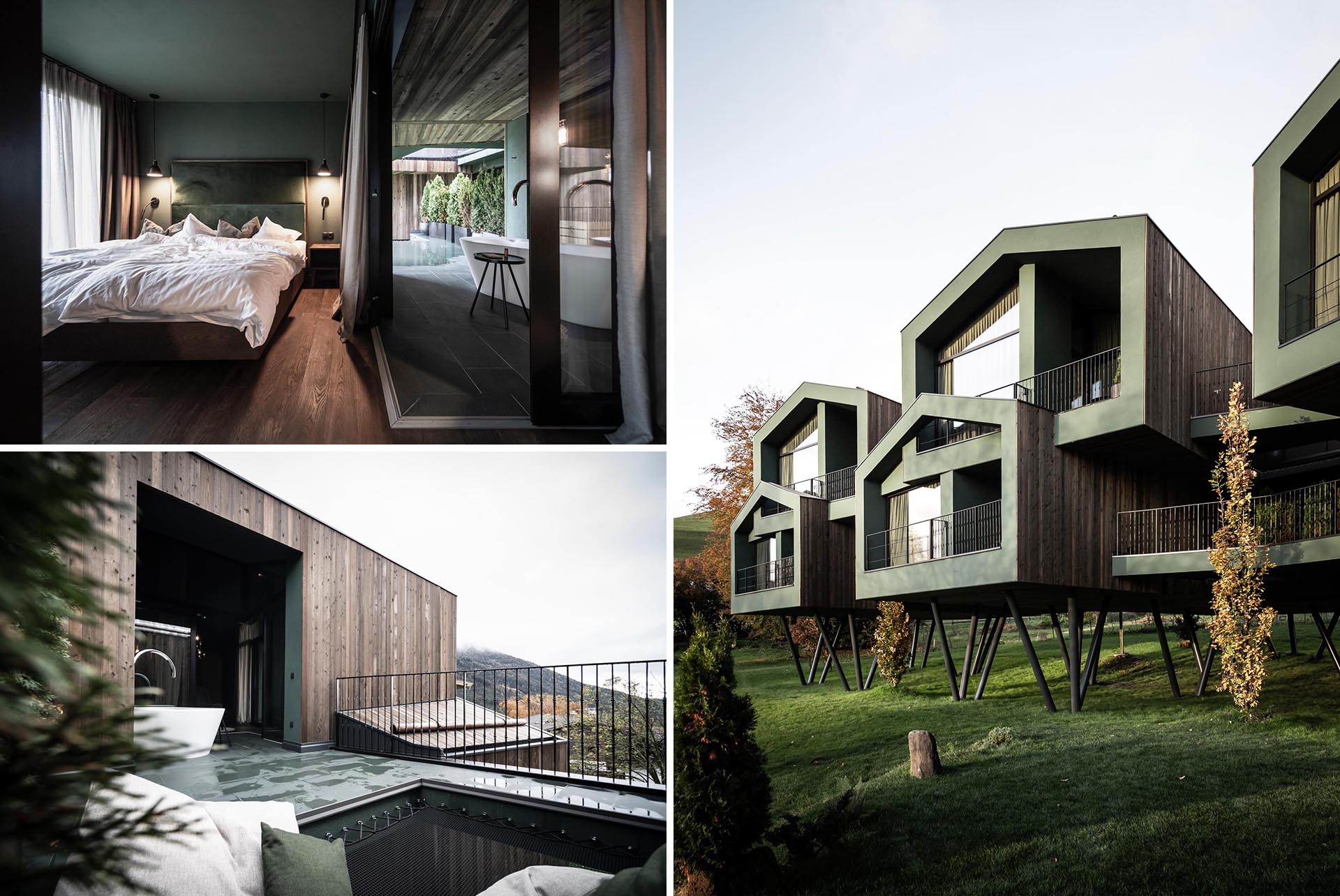 A collection of elevated hotel rooms designed to look like tree houses.