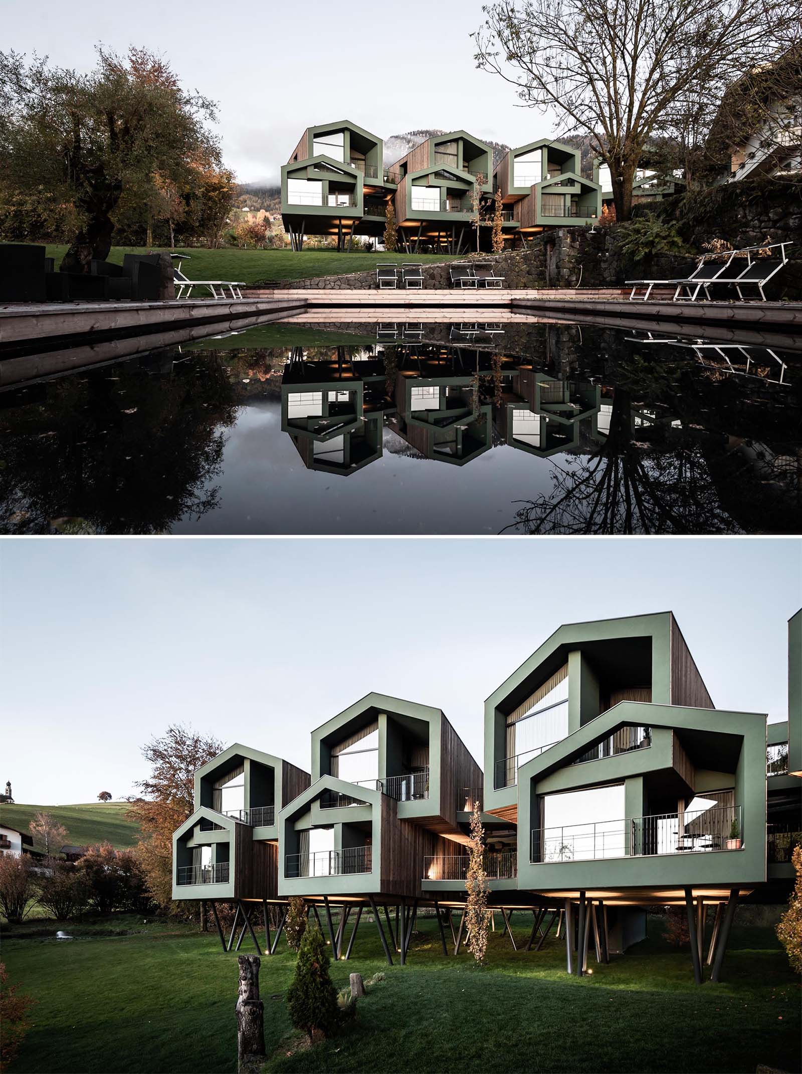 A collection of elevated modern hotel rooms designed to look like tree houses.