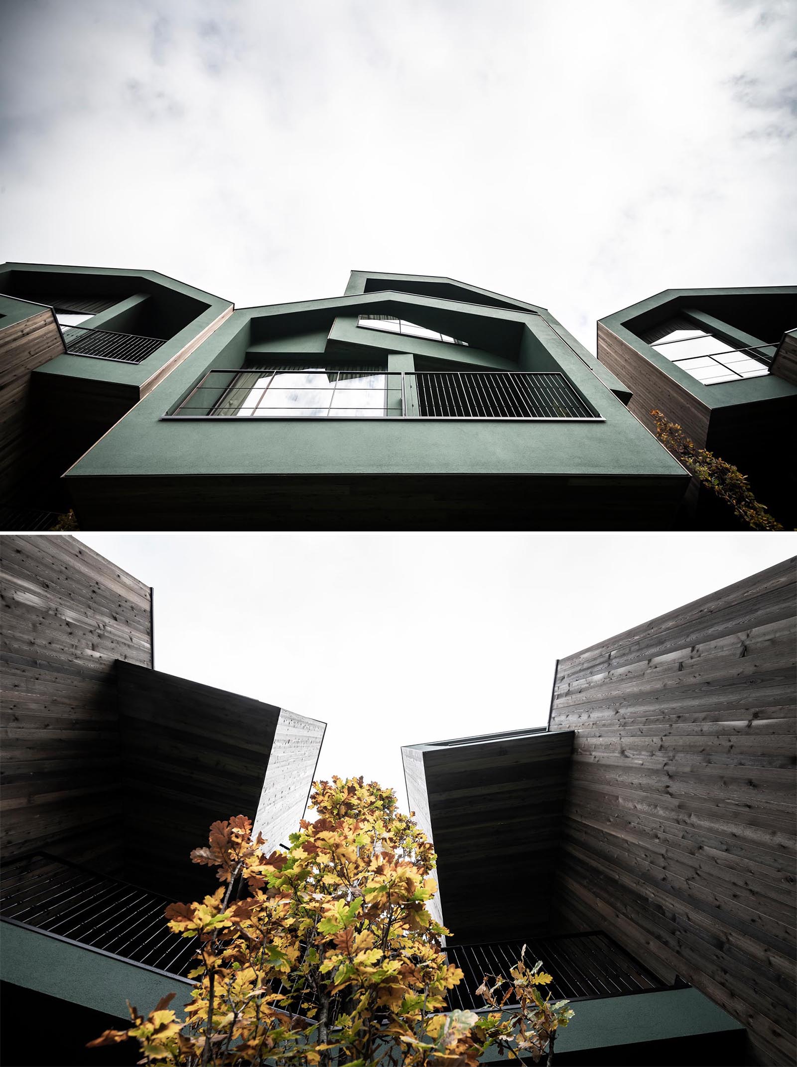 A collection of elevated hotel rooms with wood siding that are designed to look like tree houses.