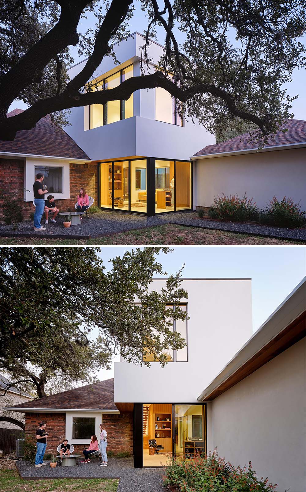 A modern white stucco house addition.