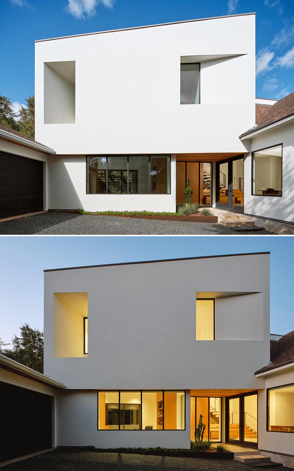 A modern white stucco house addition.