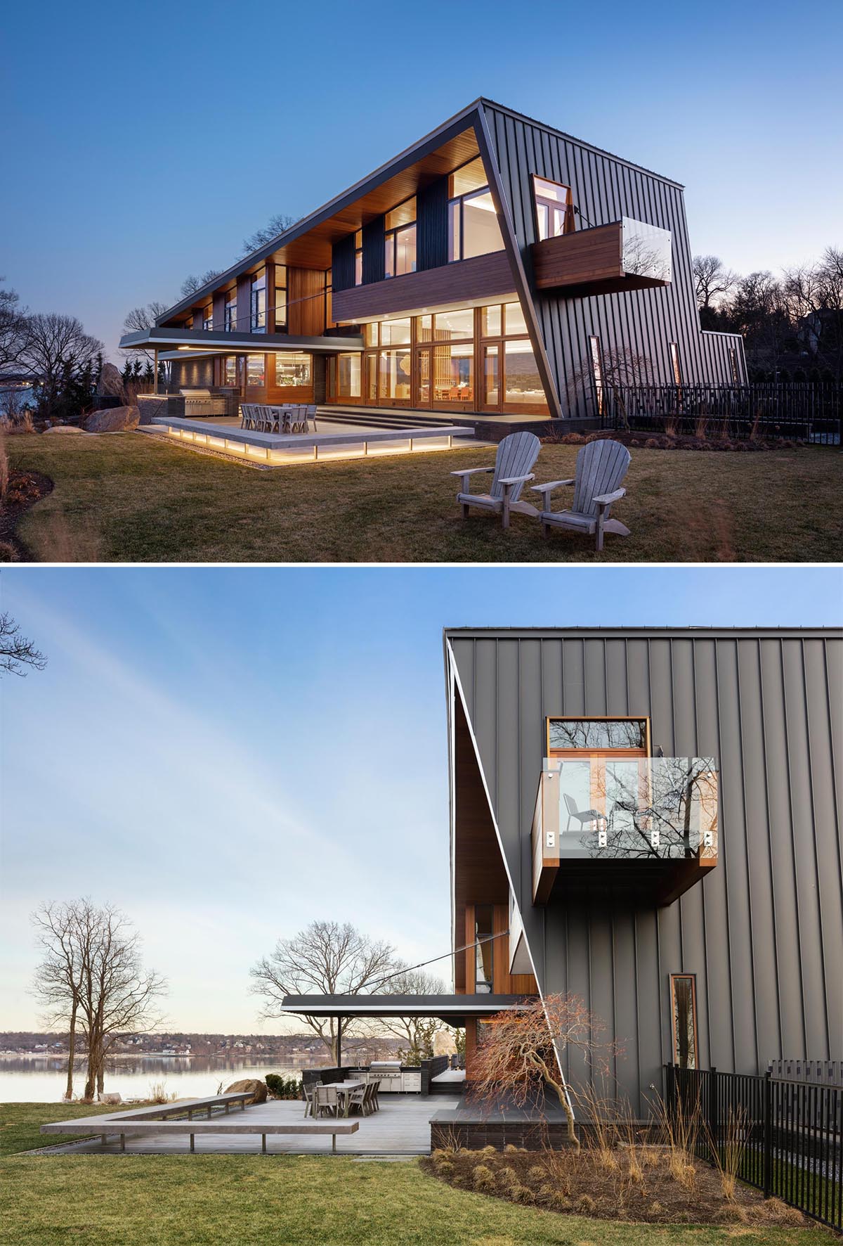 A modern house with a metal roof that flows onto the walls of the home.