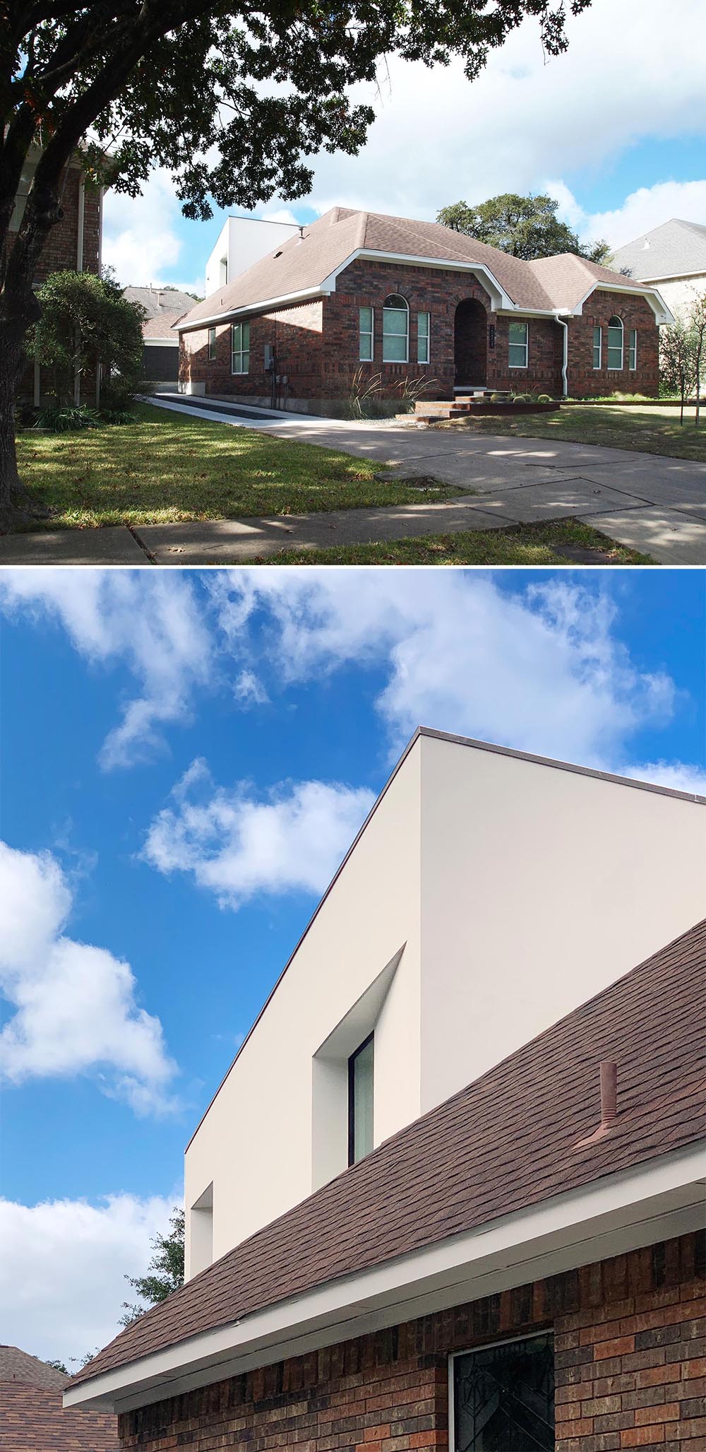 A modern white stucco house addition.