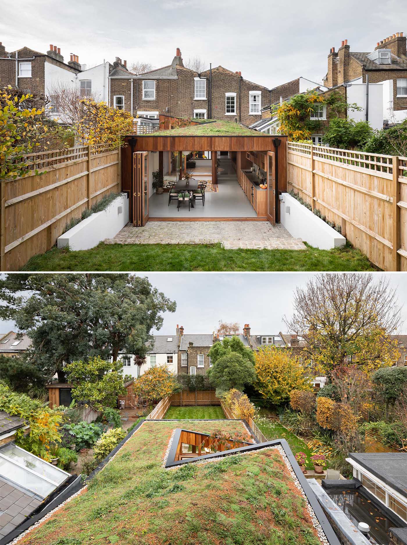 A modern home extension with a green roof, minimalist interior, and warm wood window frames.