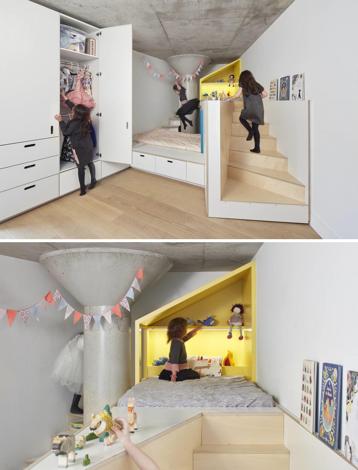 A custom designed bedroom with storage and two small staircases that connect the beds with play areas.