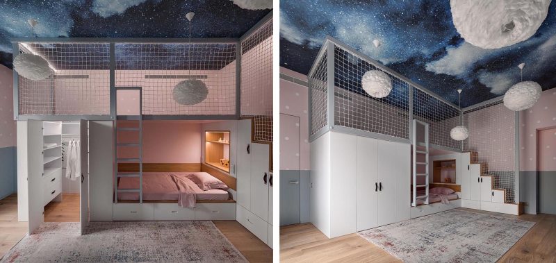 A modern kids bedroom with a lofted play space.