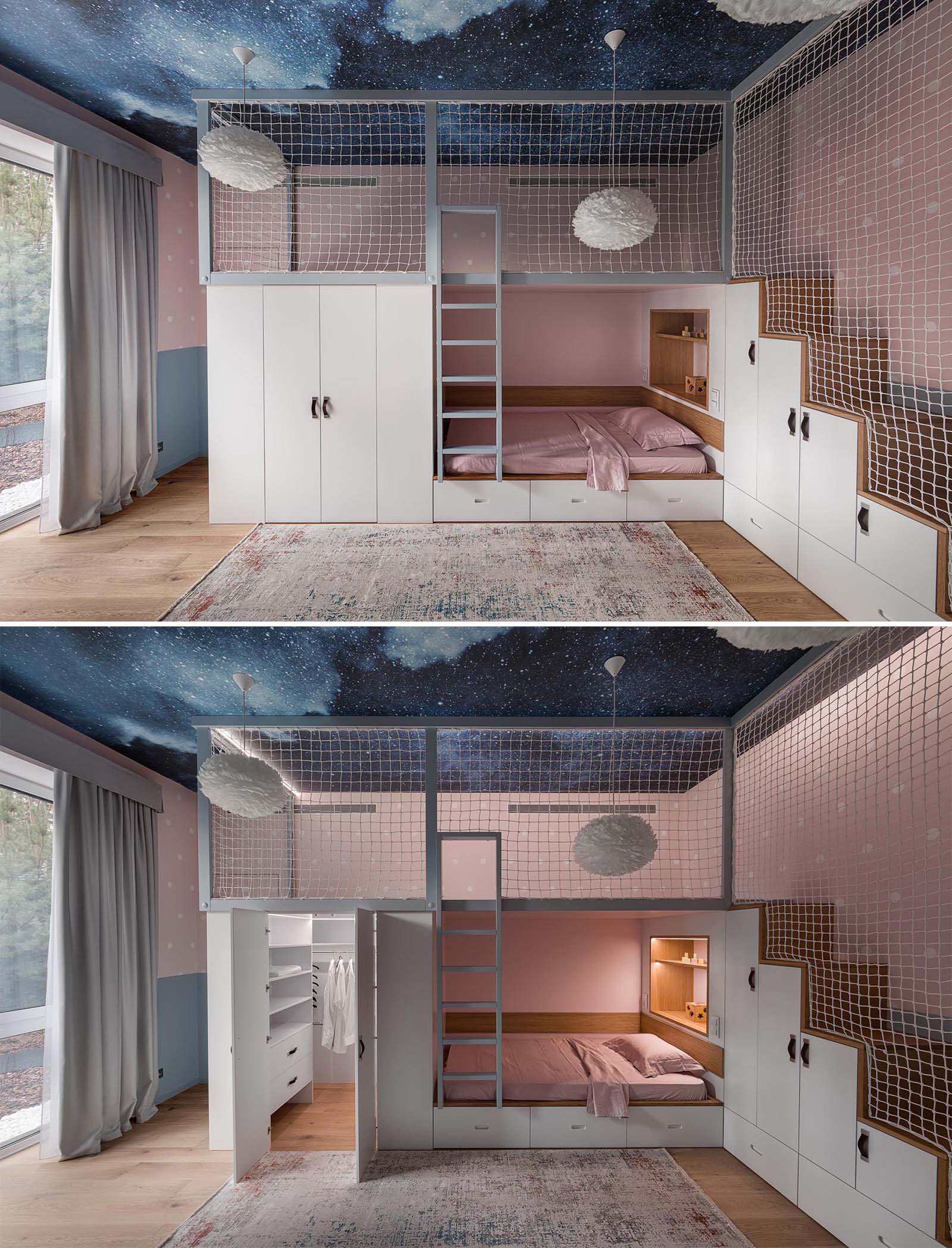 A modern kids bedroom with a lofted play space, a closet, a bed with storage underneath, and a built-in wood-lined shelf with lighting.