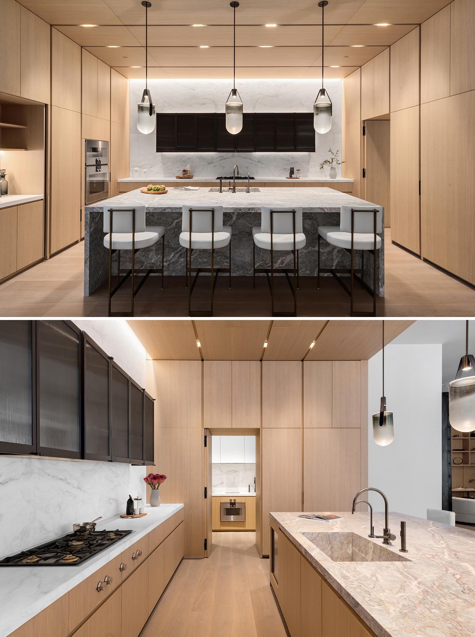 In this modern wood kitchen kitchen, there's a single slab Fior di Bosco marble island that measure in at 10 feet, custom Canova white oak cabinets and millwork, a Calacatta stone countertop and backsplash, as well a scullery.