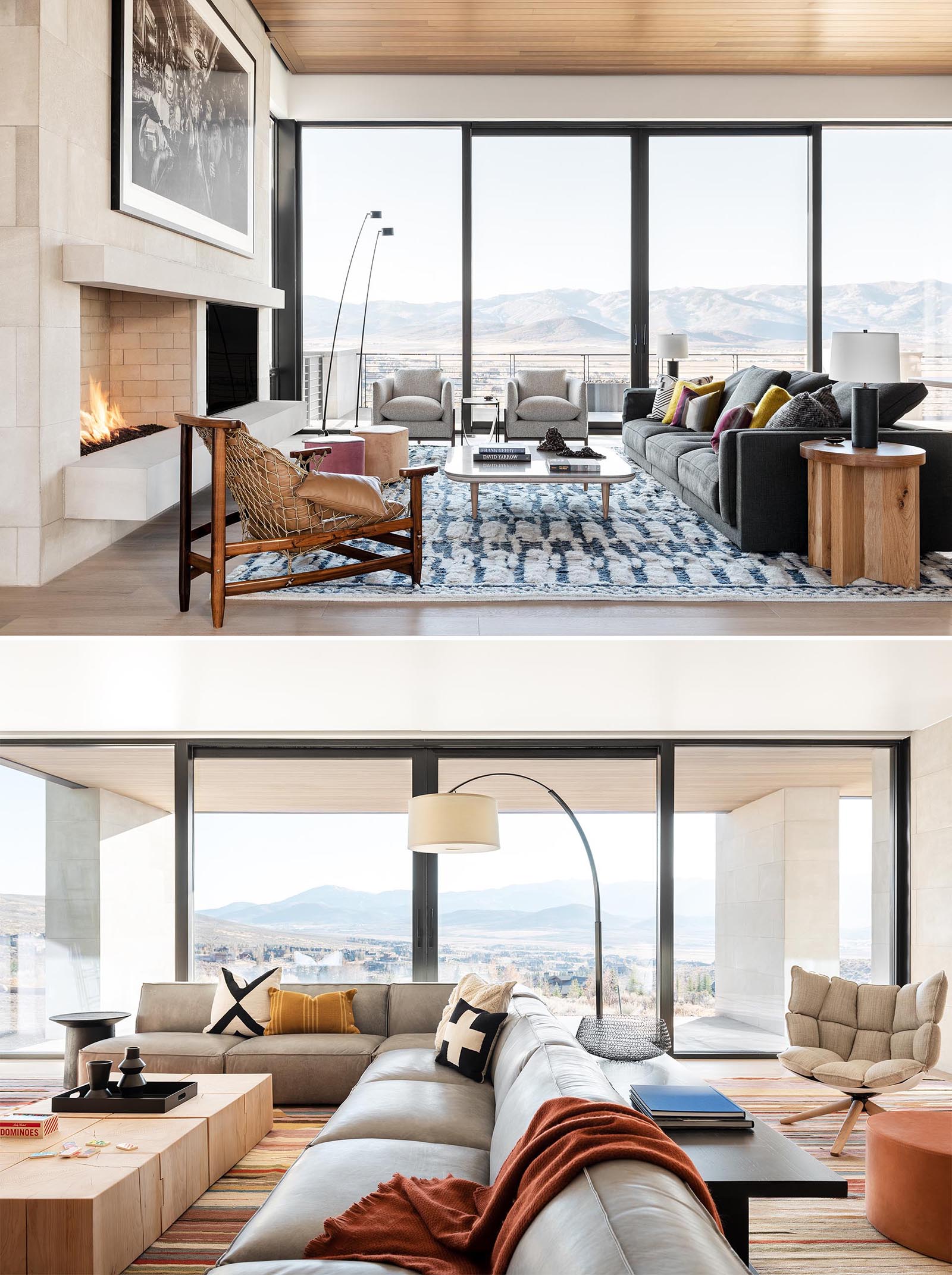 This modern living room has large windows and sliding glass doors to take advantage of the views, while a fireplace is the focal point for the living room.