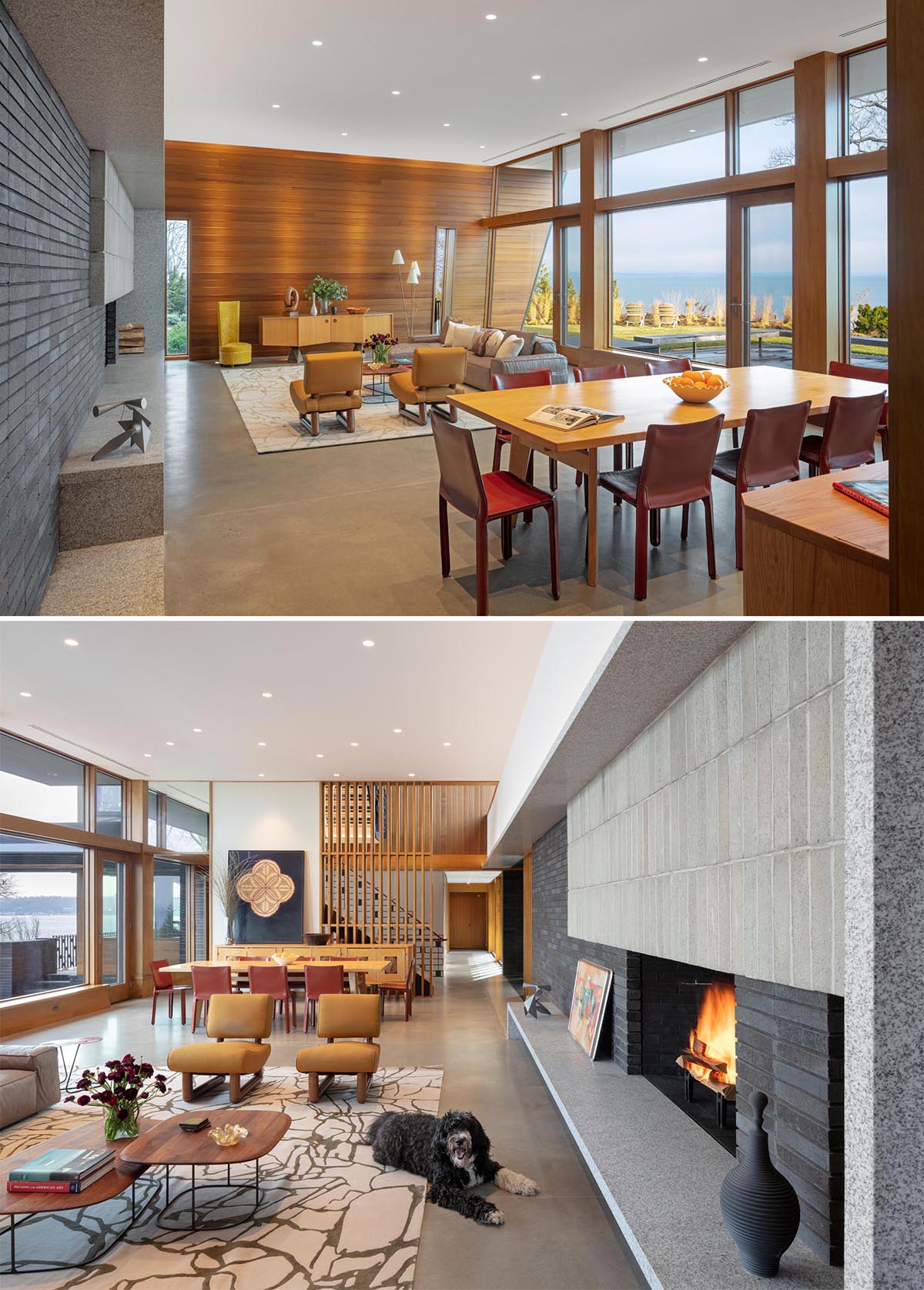 The interior of this modern home includes warm cedar wood walls, concrete floors, and stone elements. 