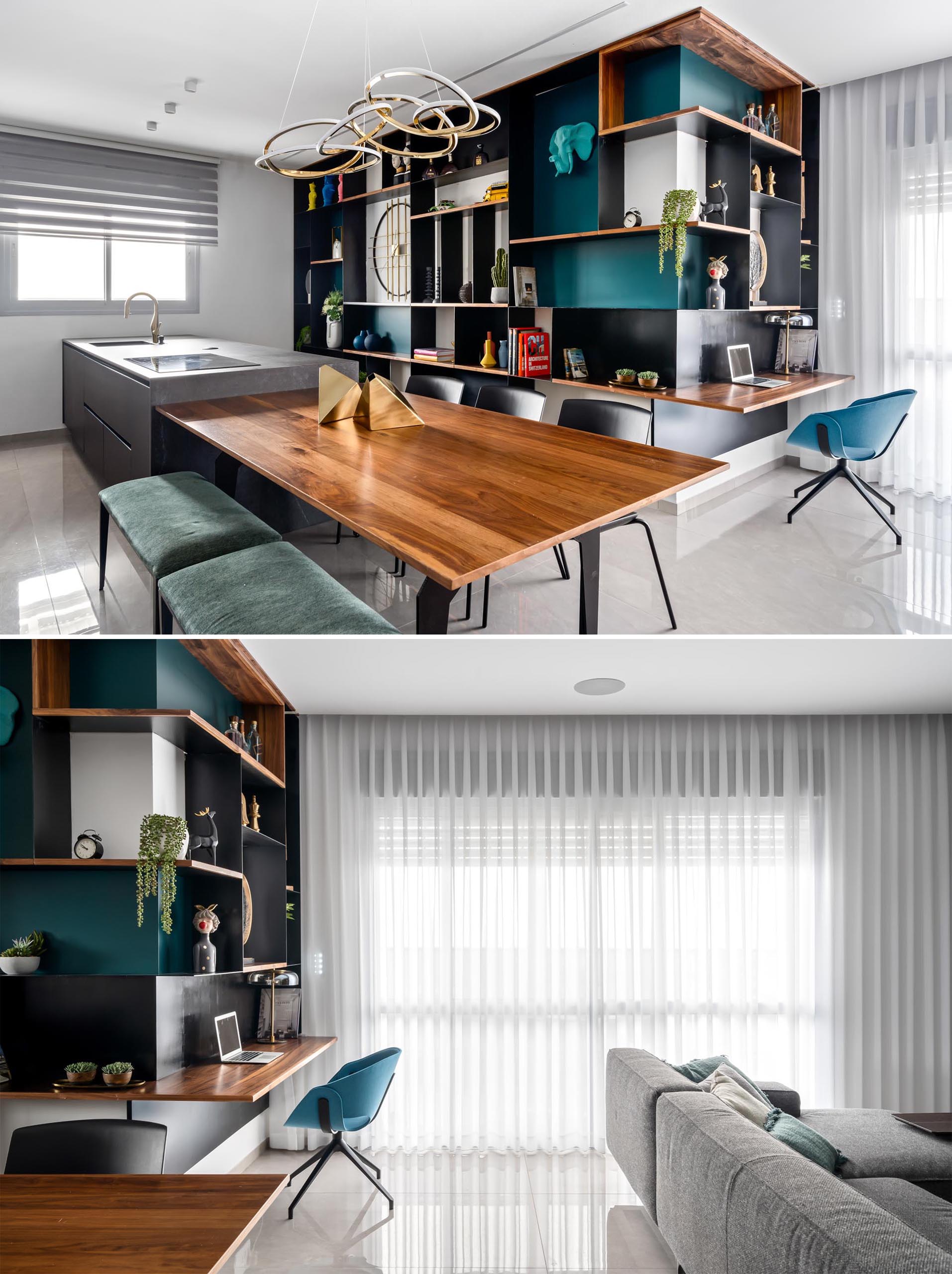 Open to both the kitchen / dining room and the living room, the steel shelving unit has wood shelf that's designed as a desk, making use of an awkward corner by the sliding doors that open to a balcony.