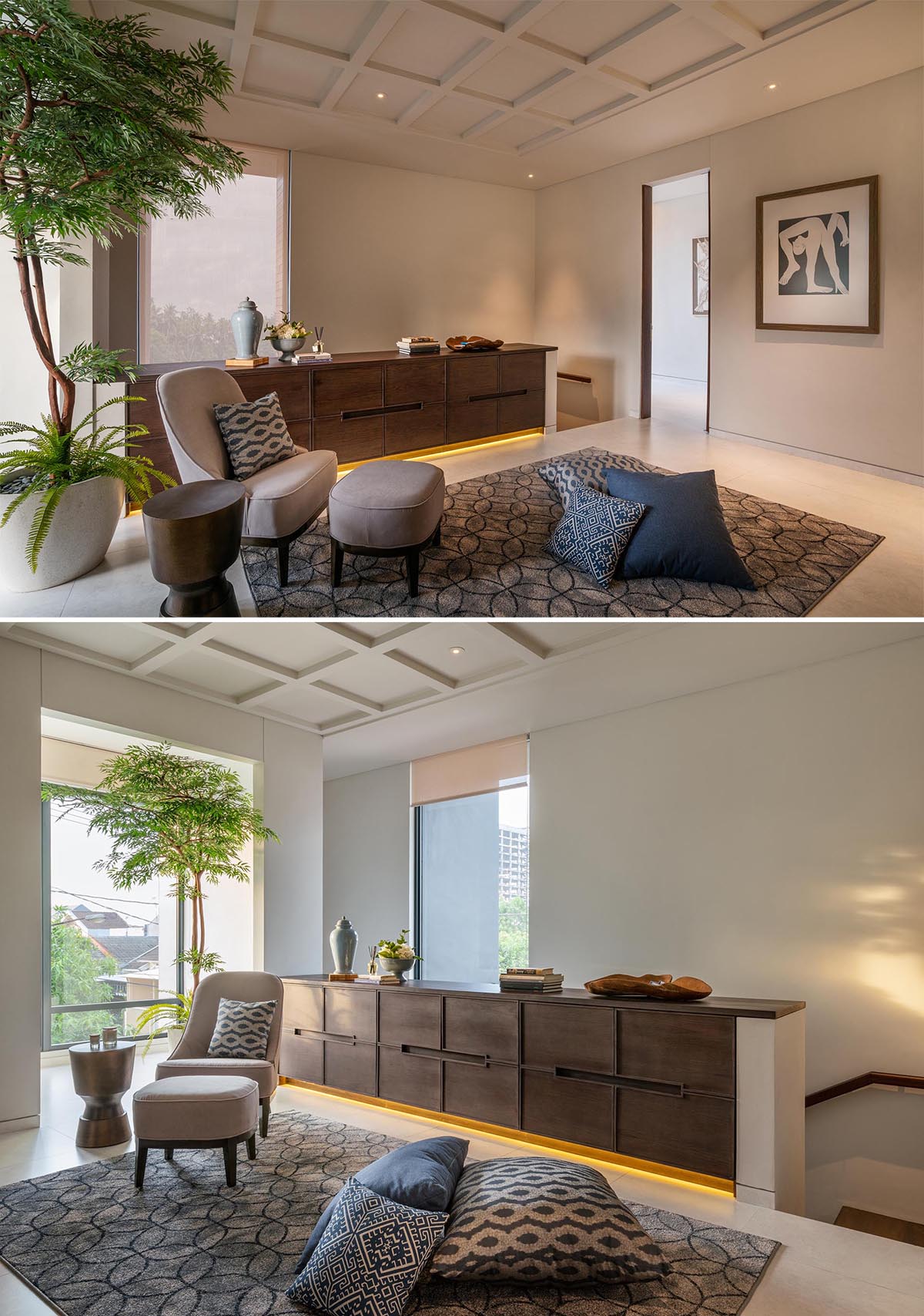 This contemporary home has a sitting area with a sideboard that includes hidden lighting underneath.