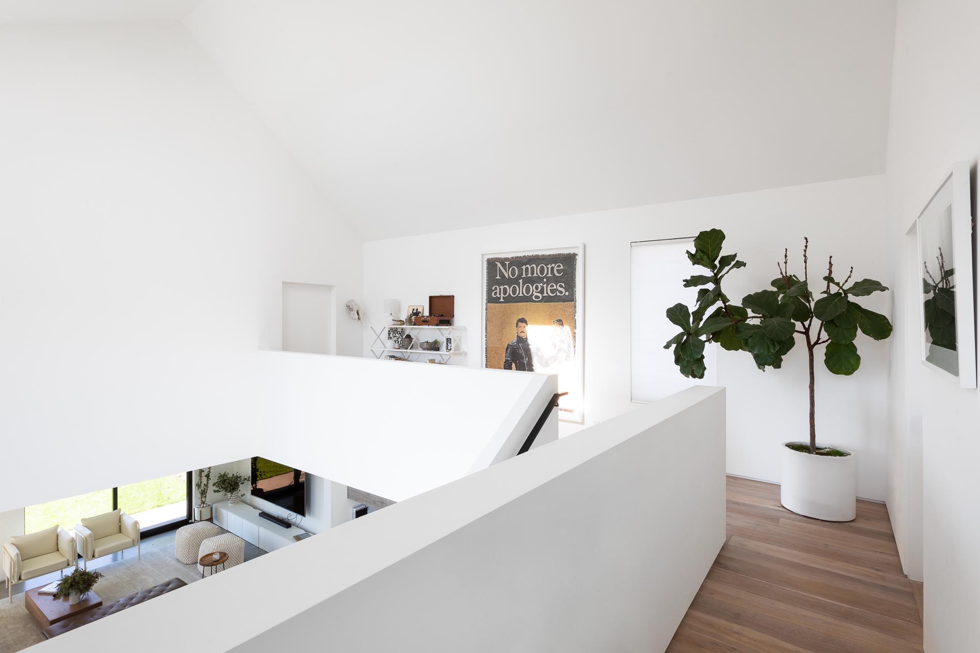 At the top of the stairs in this modern home, there's an open hallway with wood flooring, a tall plant in the corner, artwork, and shelving.