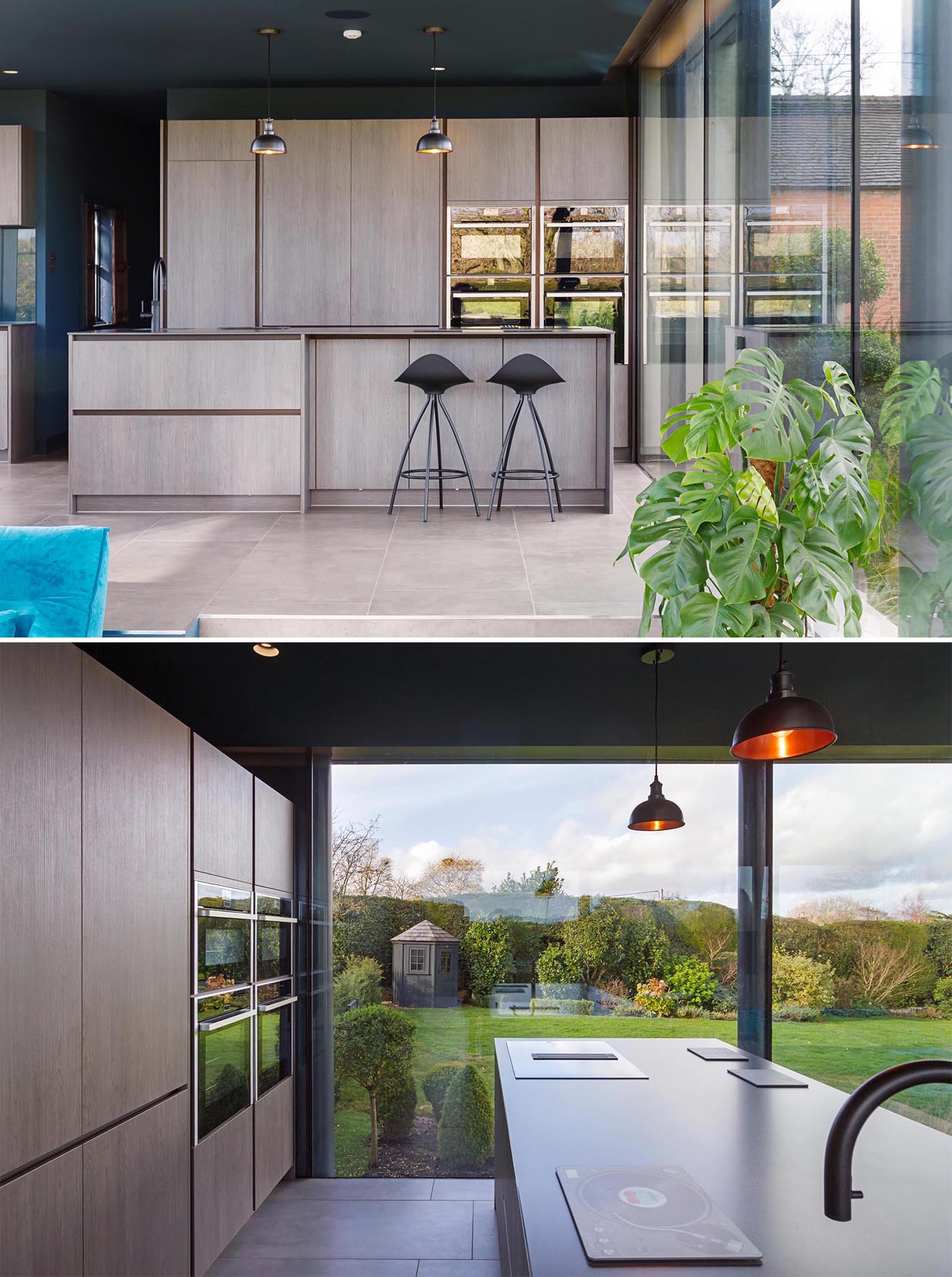 This modern kitchen features minimalist light wood cabinets, a dark countertop, and an island with room for a couple of stools.