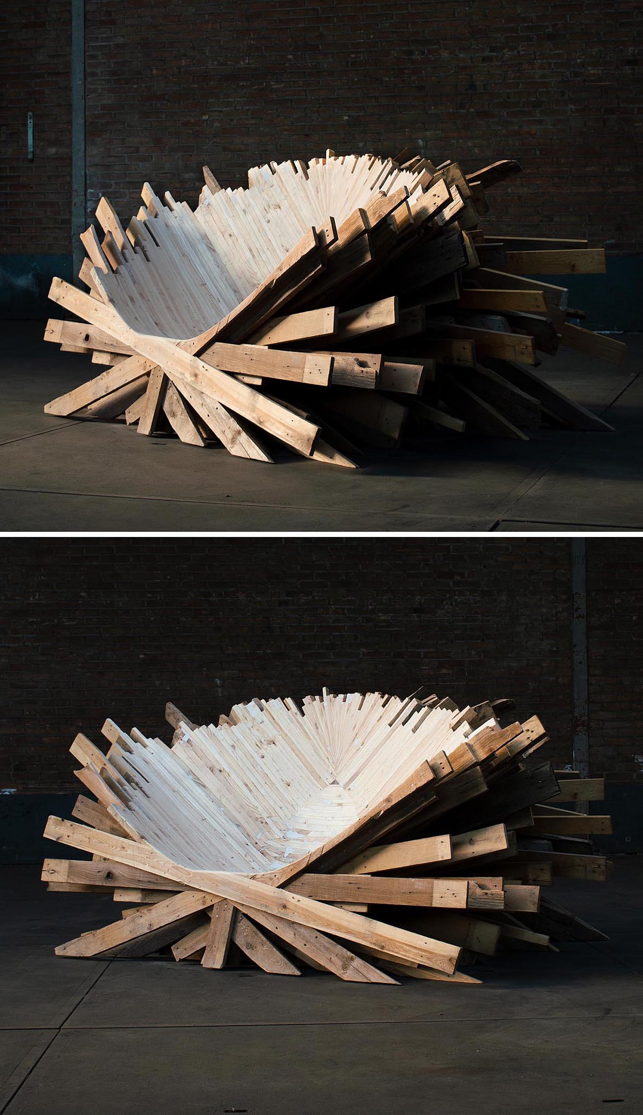 An oversized and sculptural chair made from recycled wood pallets.