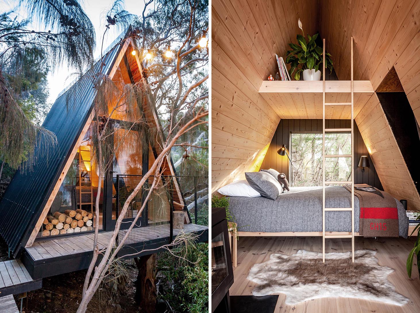 A small and modern A-framed cabin with black metal roofing and a wood interior.