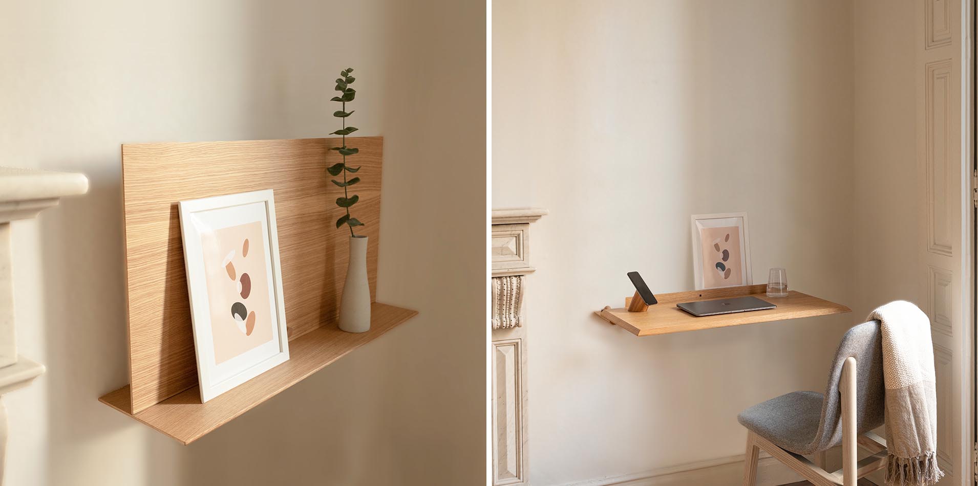 A small wall mounted shelf that transforms into a desk.