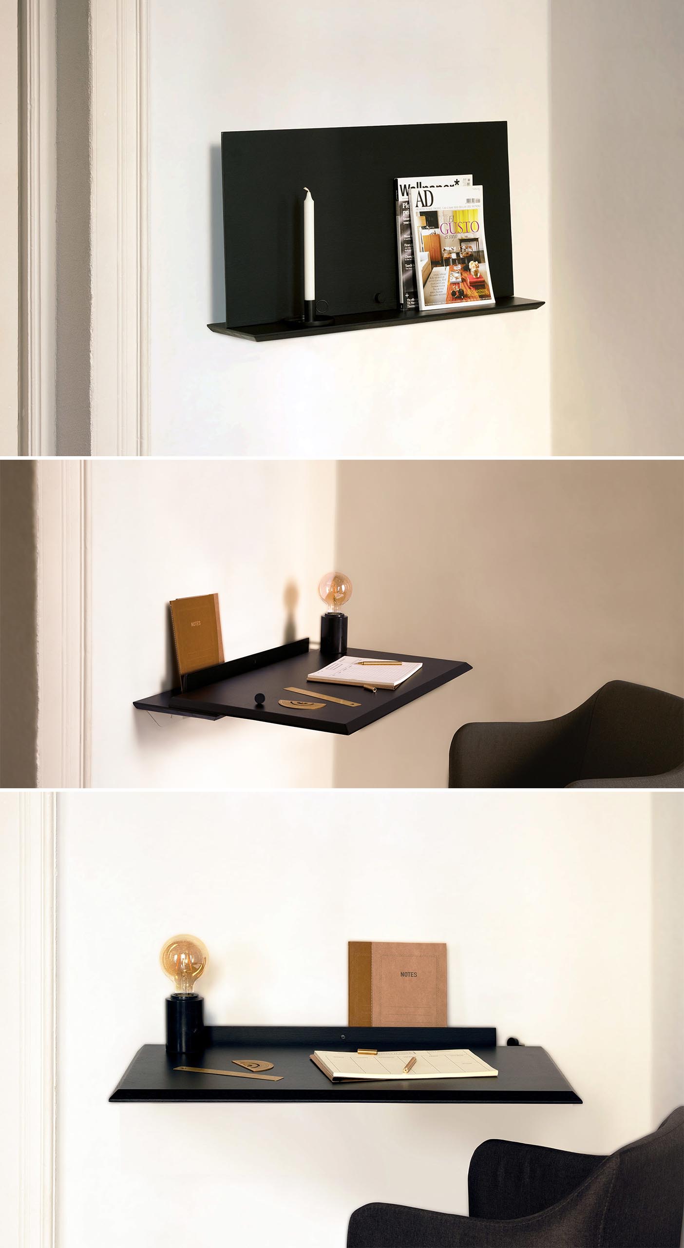 A small wall mounted black shelf that transforms into a desk.