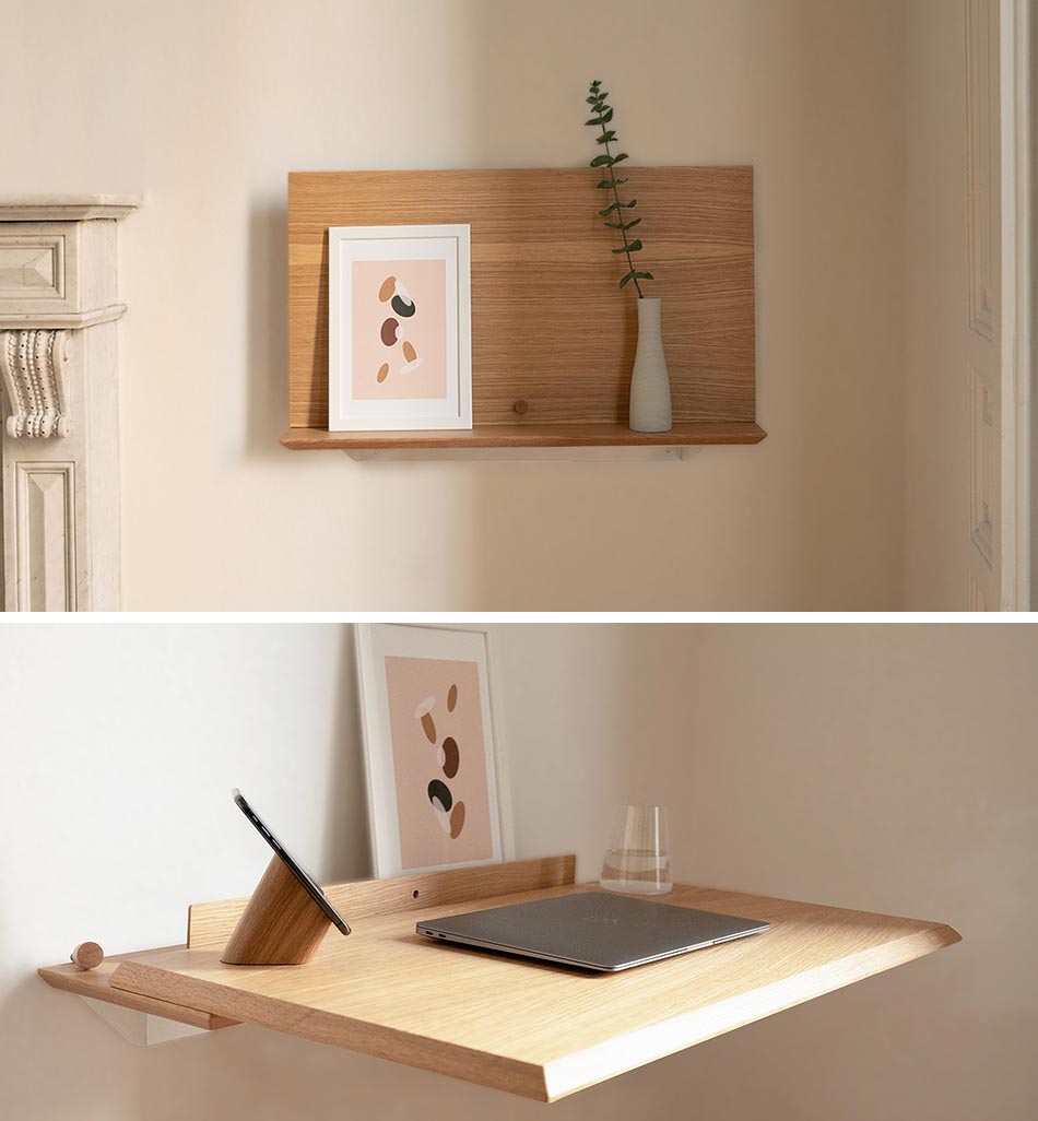 A small wall mounted wood shelf that transforms into a desk.