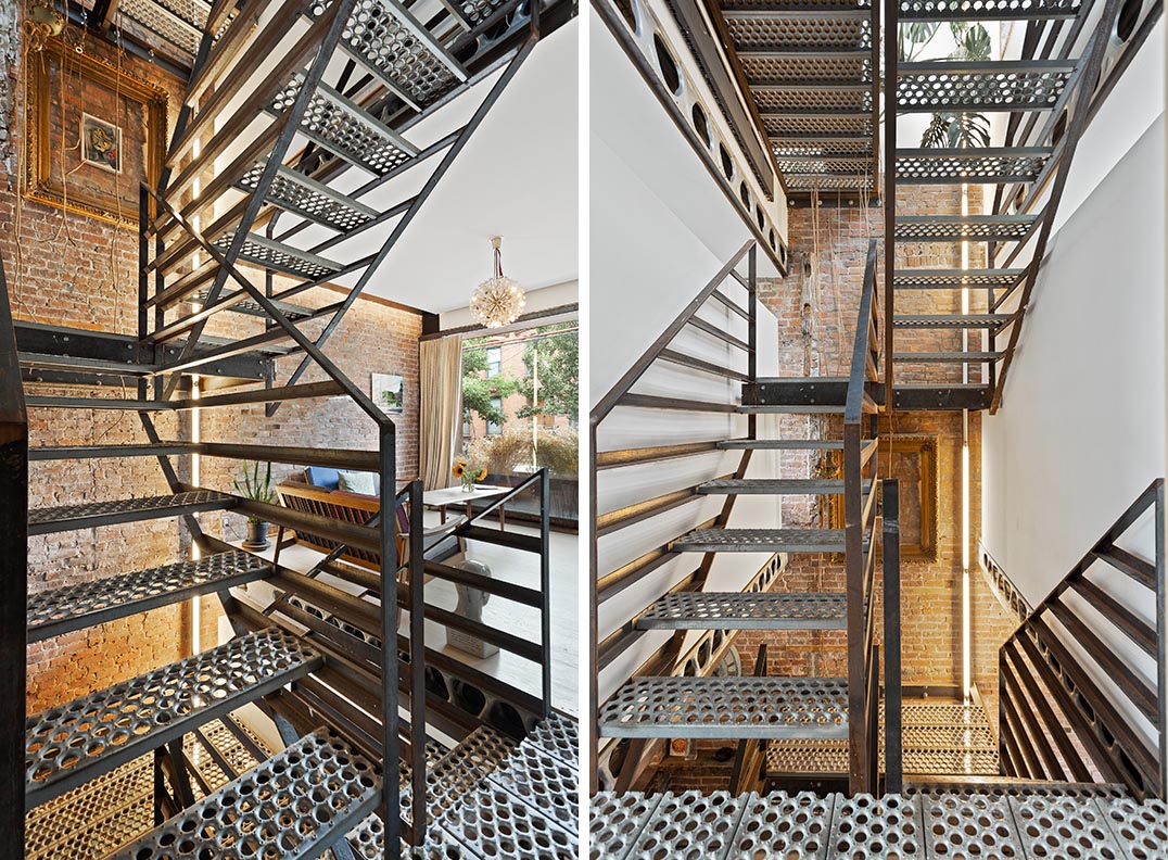 A sculptural steel staircase located in the center of the building connects all of the four storeys of this remodeled home, and allows the use of the full width on each floor of the house.