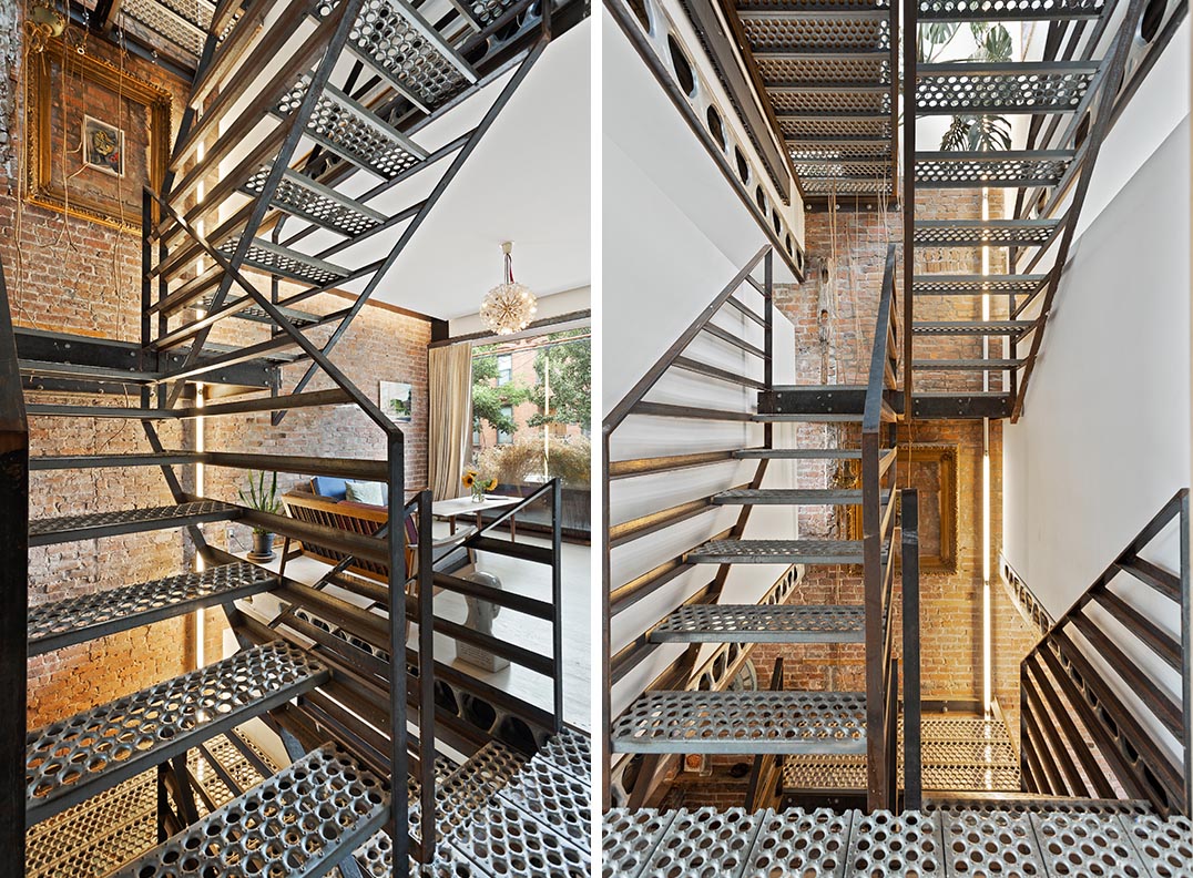 A sculptural steel staircase located in the center of the building connects all of the four storeys of this remodeled home, and allows the use of the full width on each floor of the house.  