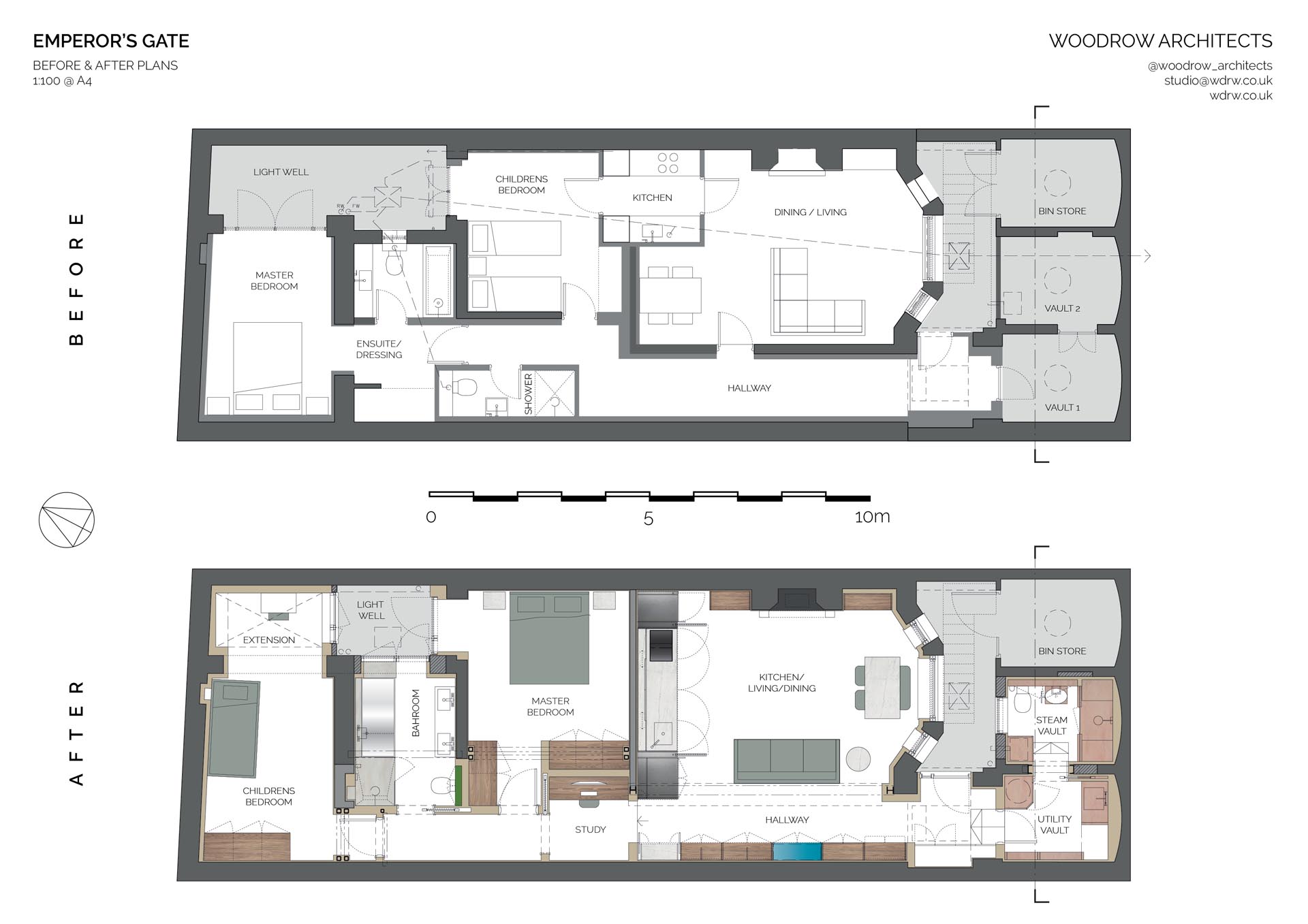 The before and after floor plan of an apartment remodel in London.