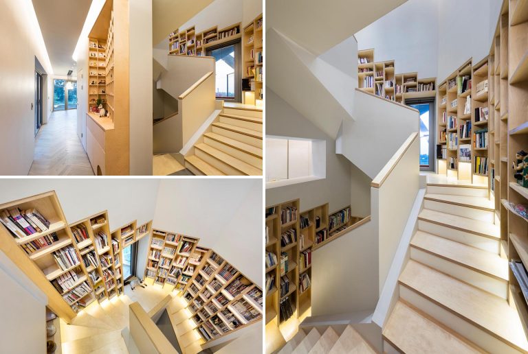 A Built-In Bookshelf Follows The Stairs Inside This Home