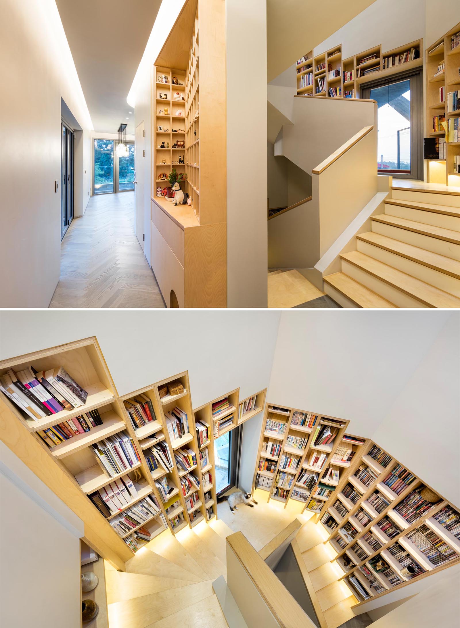 A Built-In Bookshelf Follows The Stairs Inside This Home