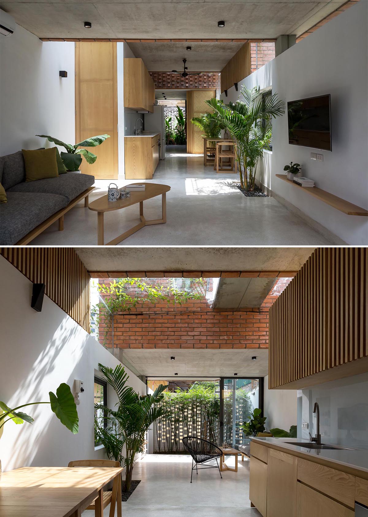 A contemporary home with glass ceiling and built-in planters.