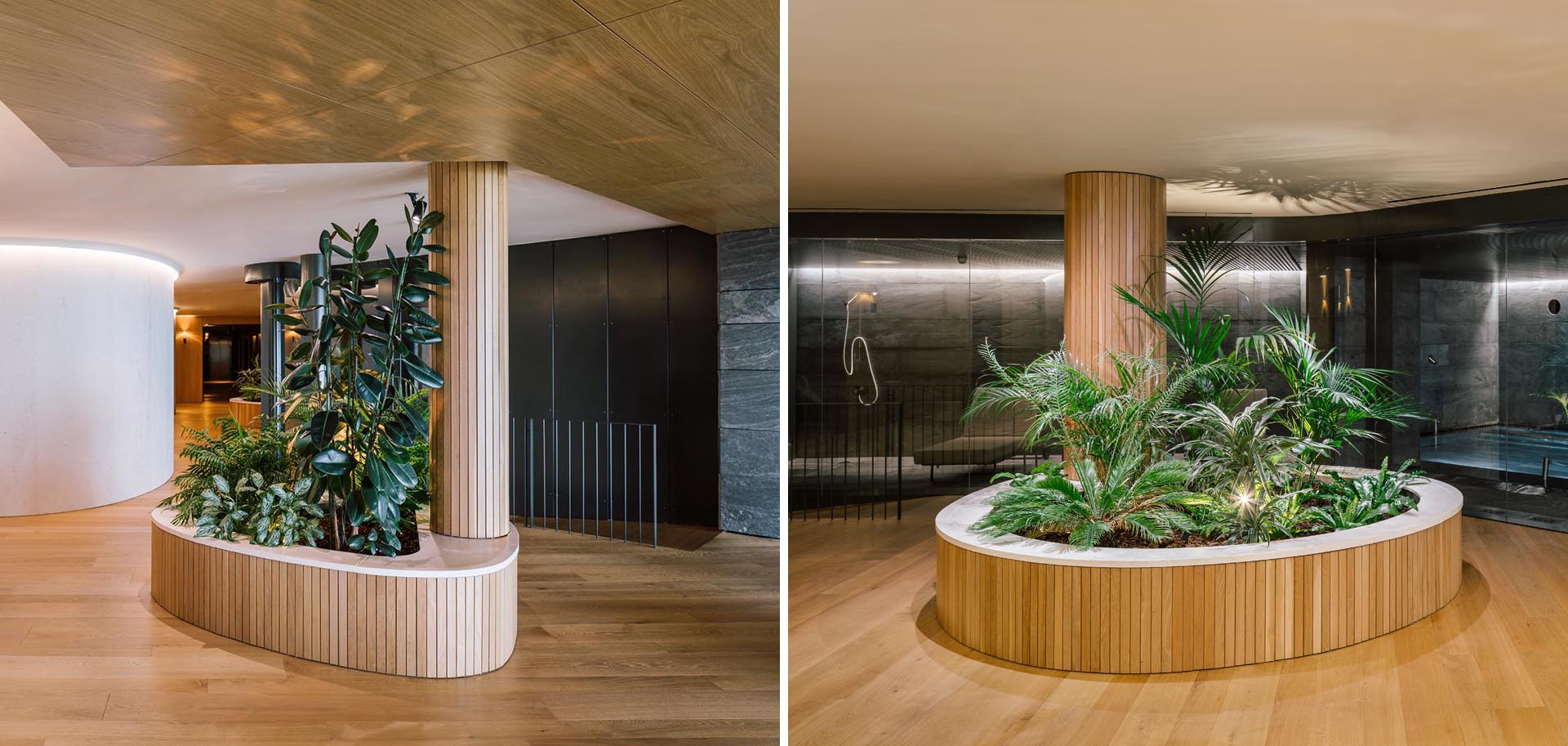 The columns in this spa have been wrapped in wood slats, softening the look of them, and helping them become a part of the built-in planters.