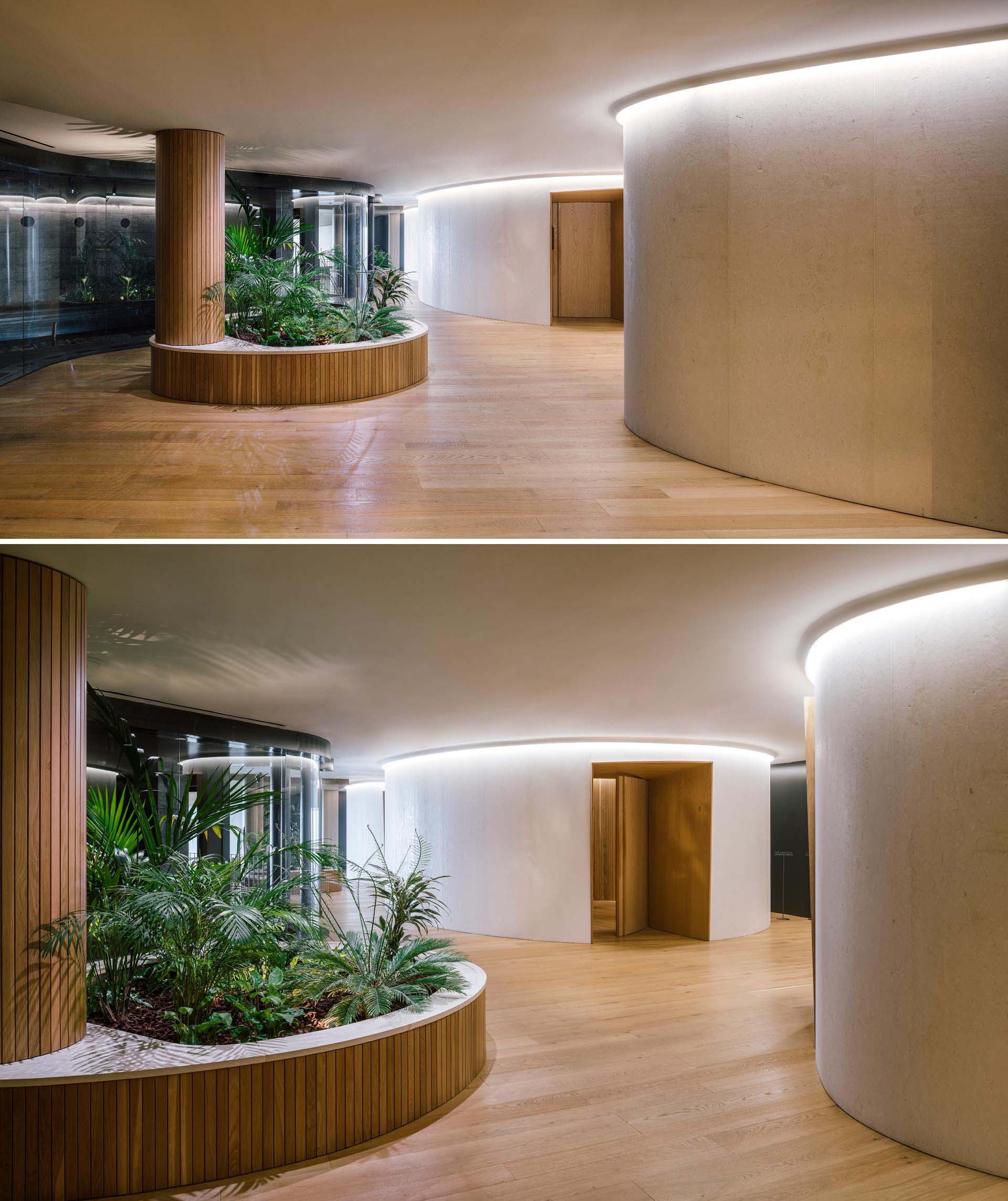 The columns in this spa have been wrapped in wood slats, softening the look of them, and helping them become a part of the built-in planters.