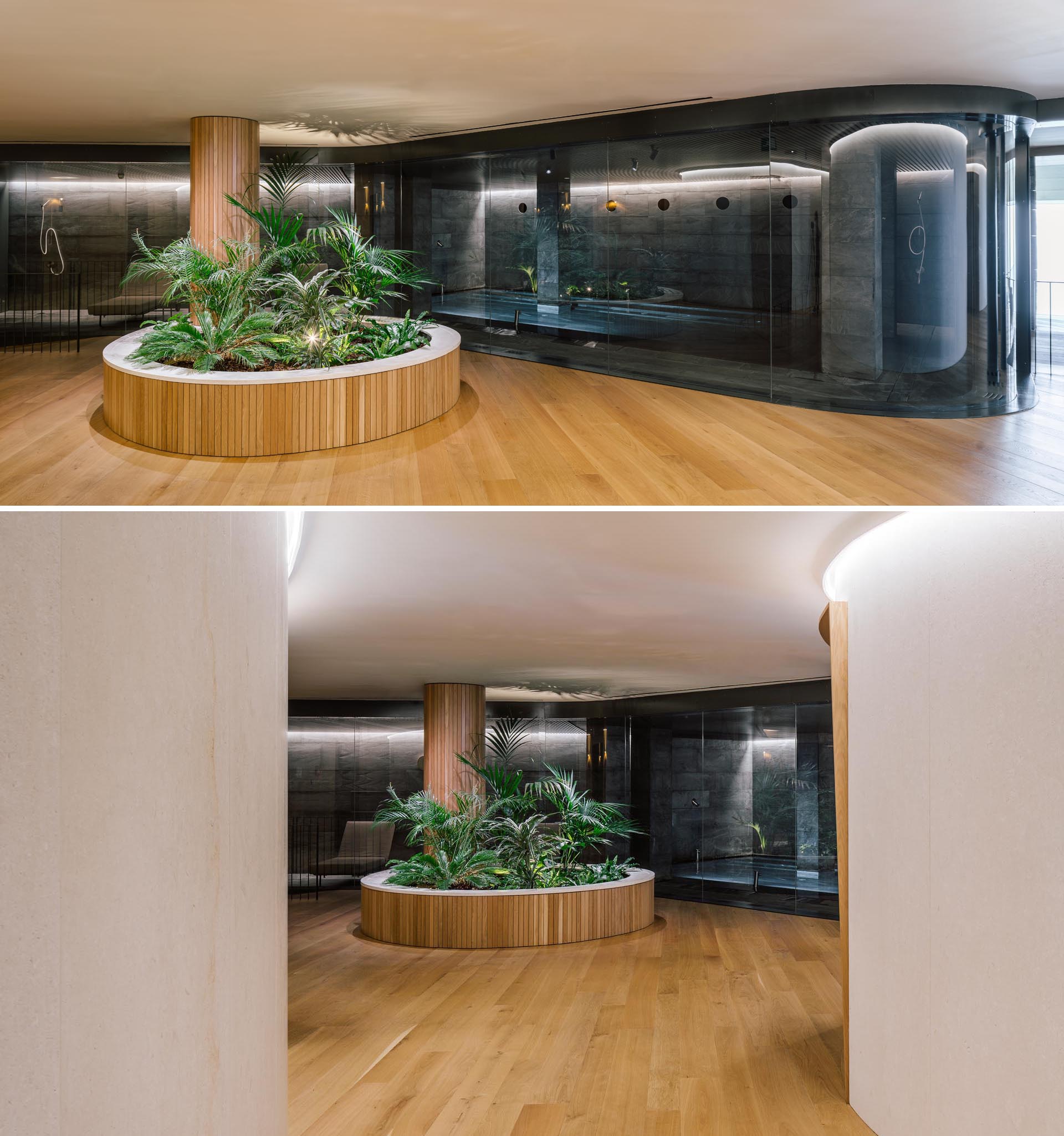 A modern spa with built-in planters that have been designed to help guide the flow of people around the spa.