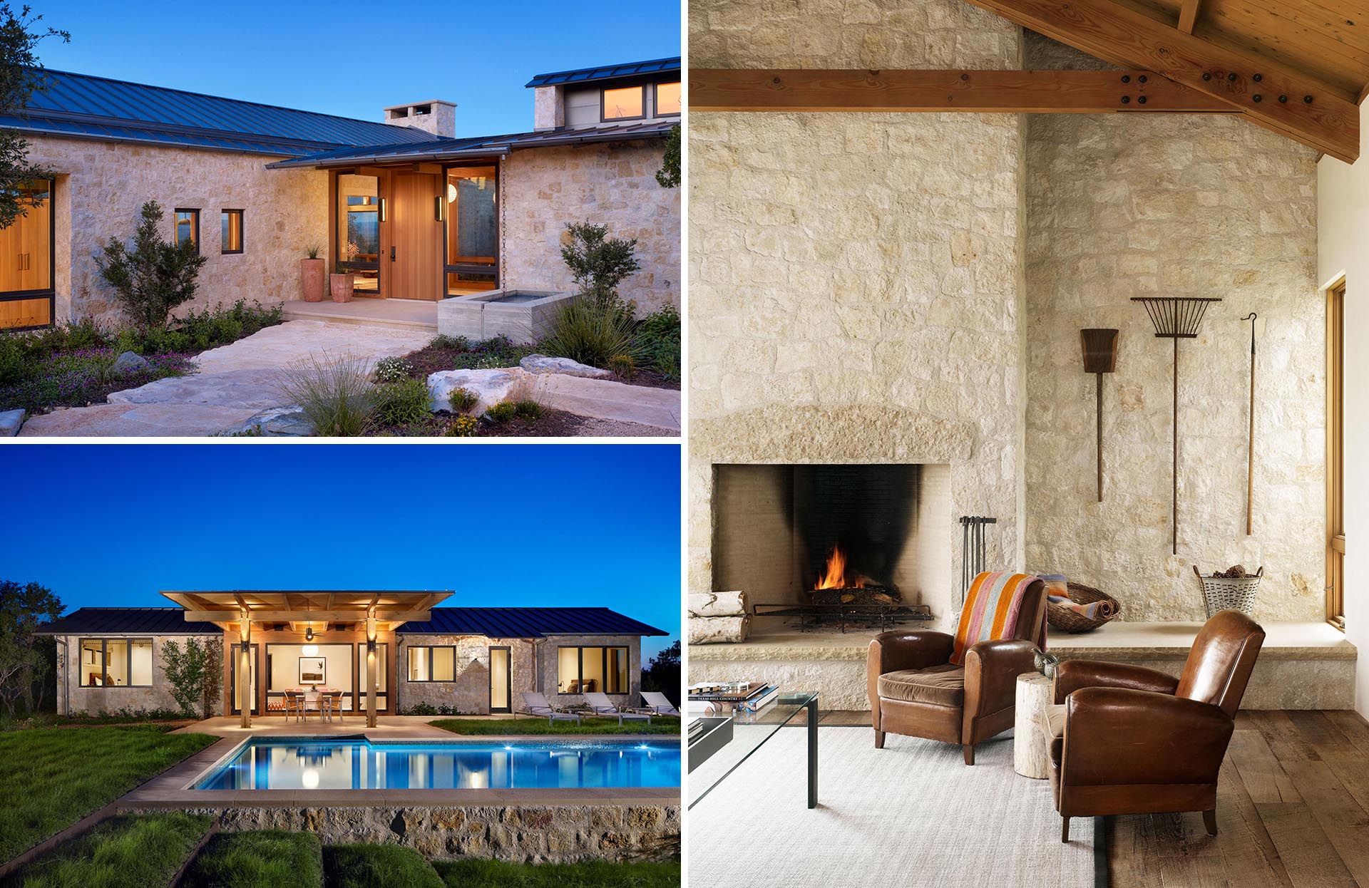 This contemporary home includes limestone walls, a metal roof, and black window frames.