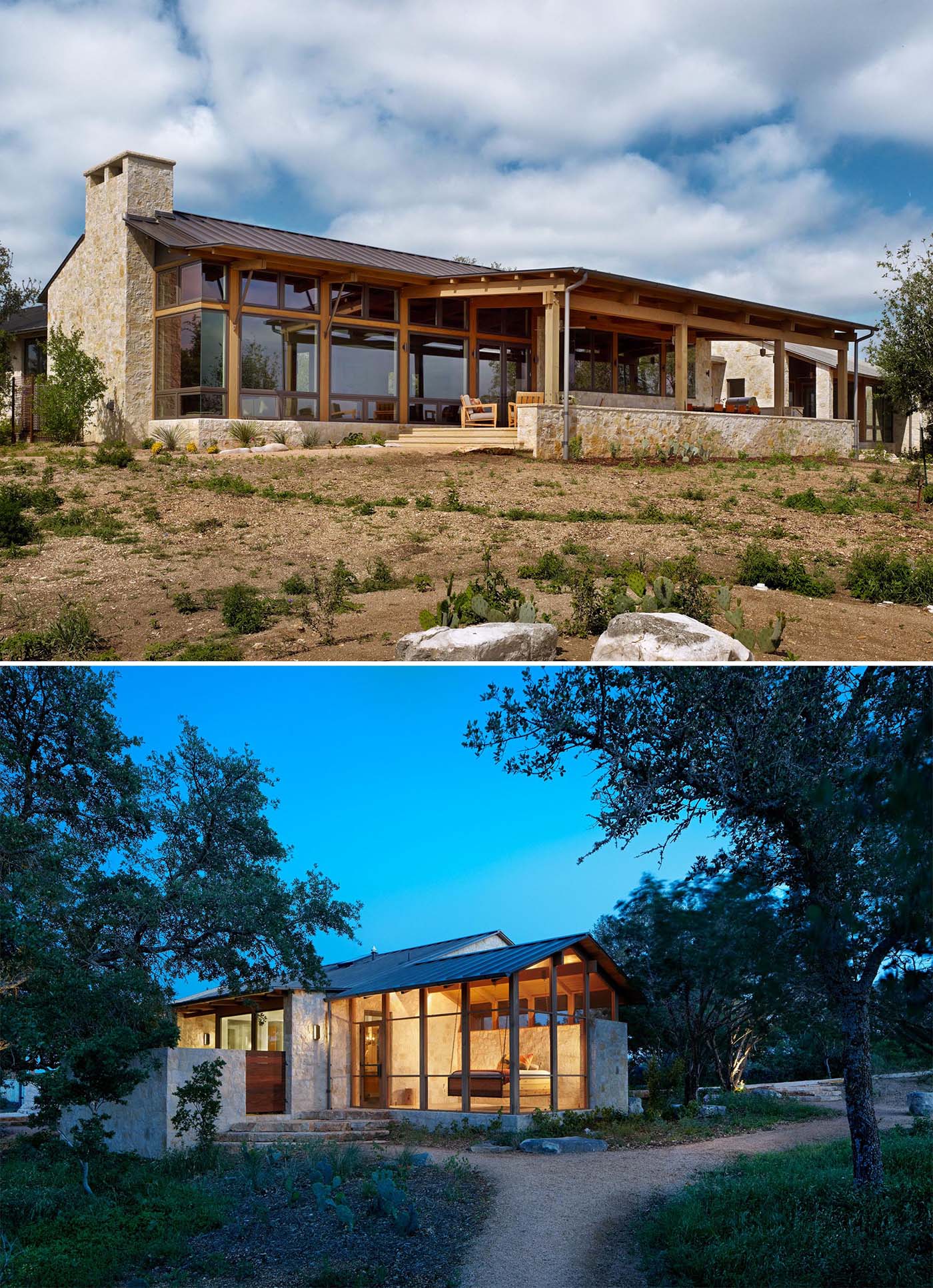 This contemporary home includes limestone walls, a metal roof, and black window frames.