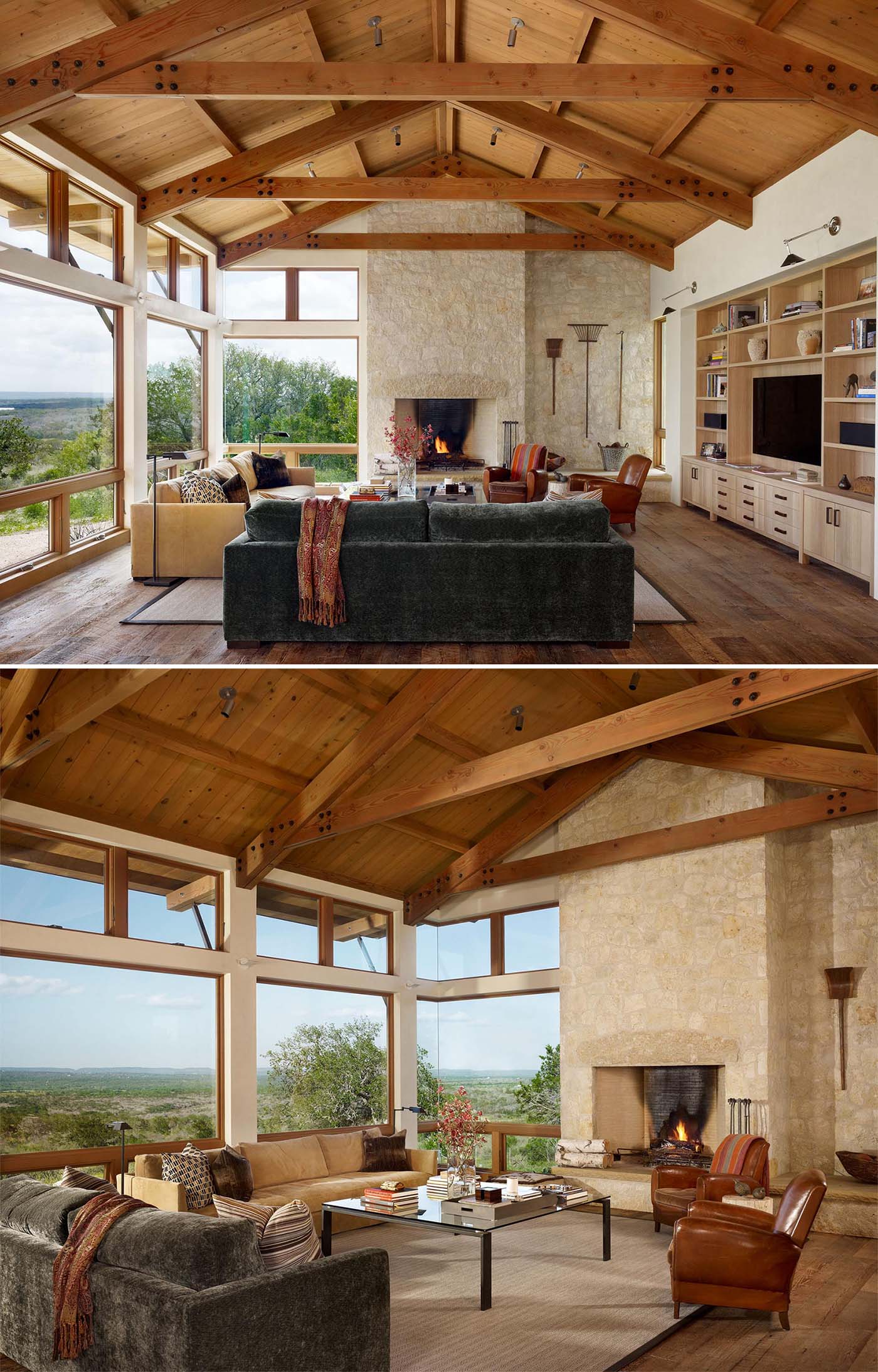 In this ranch house living room, the limestone wall that surrounds the fireplace provides a textural element to the space.