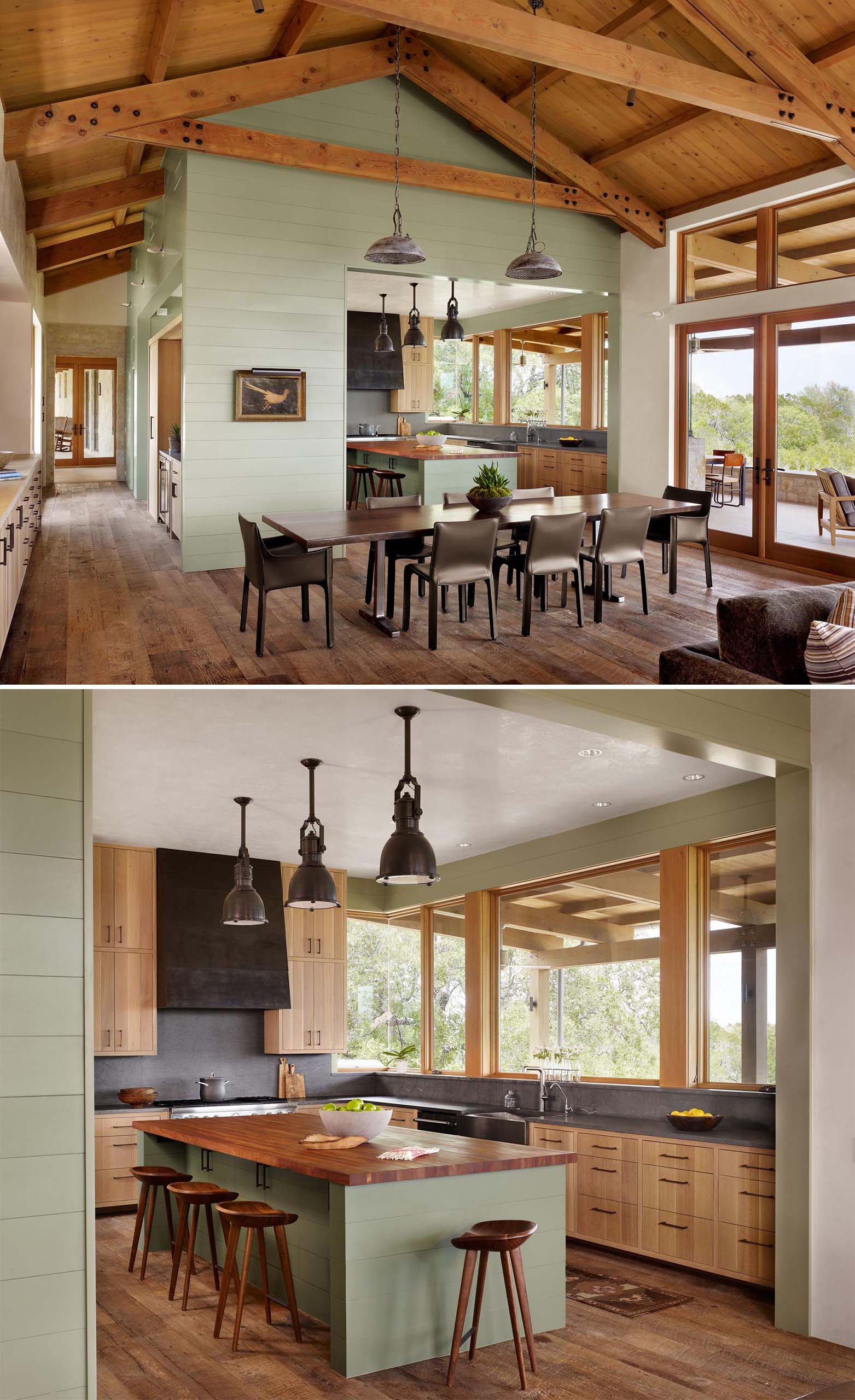 A contemporary sage green kitchen with wood accents.