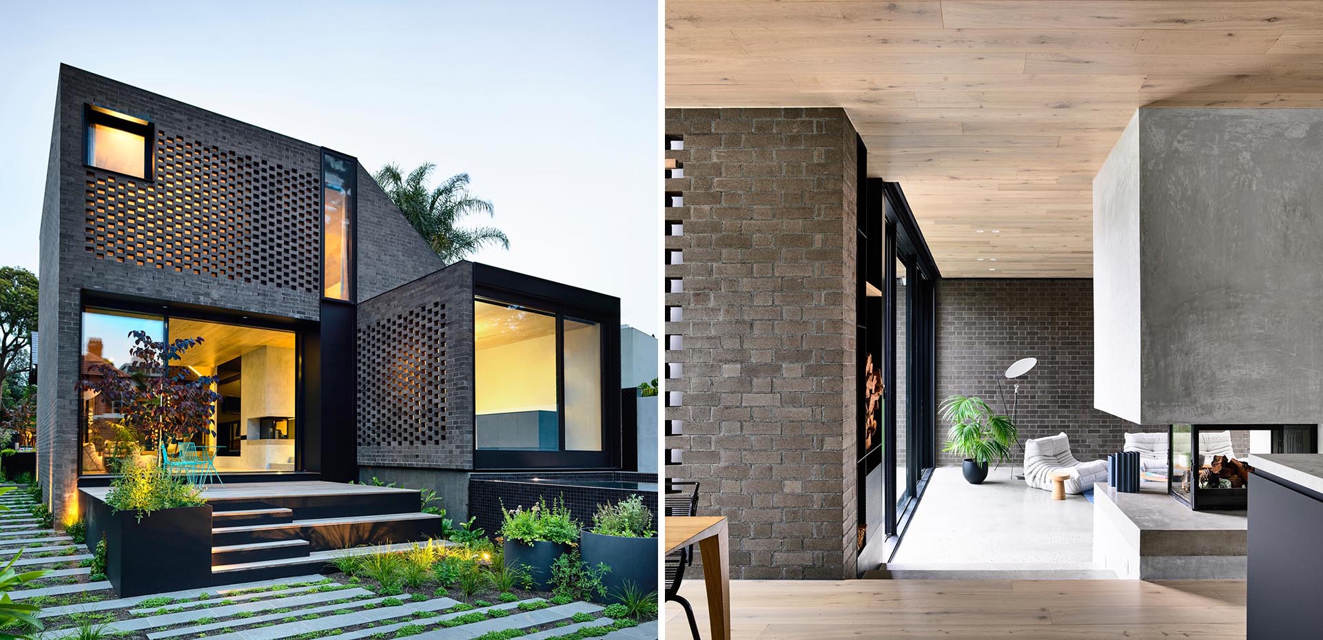 A modern dark brick house addition.