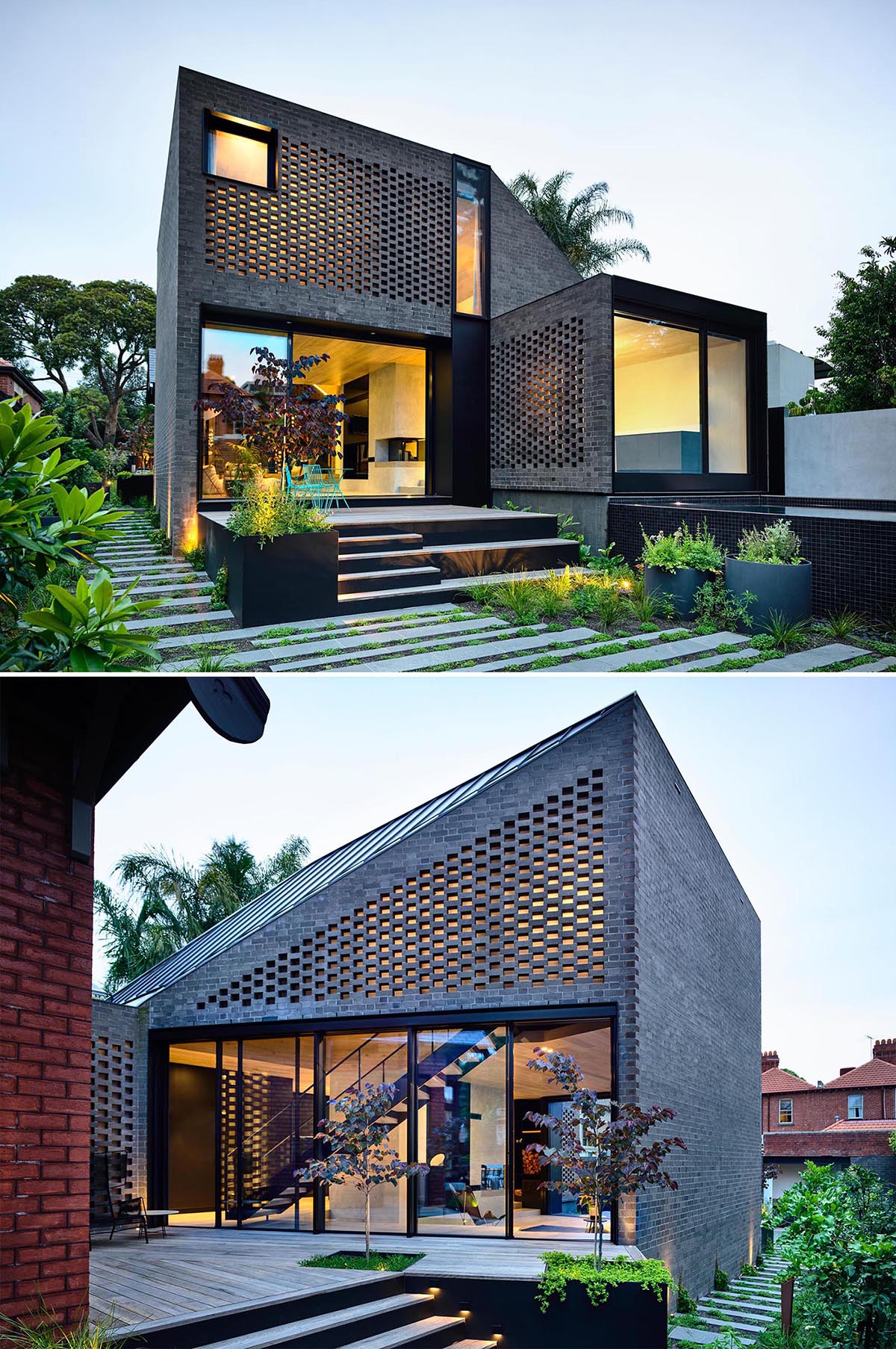 A modern dark brick house addition  with a swimming pool and landscaped path.