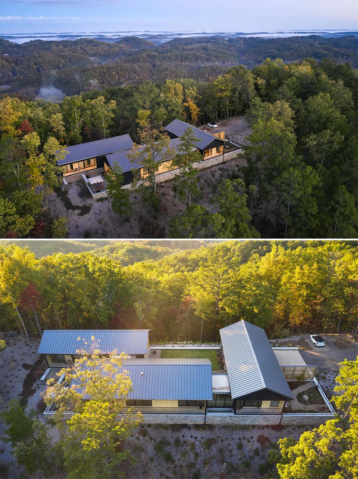 A modern home with burnt wood siding and alcoves lined with contrasting light wood.