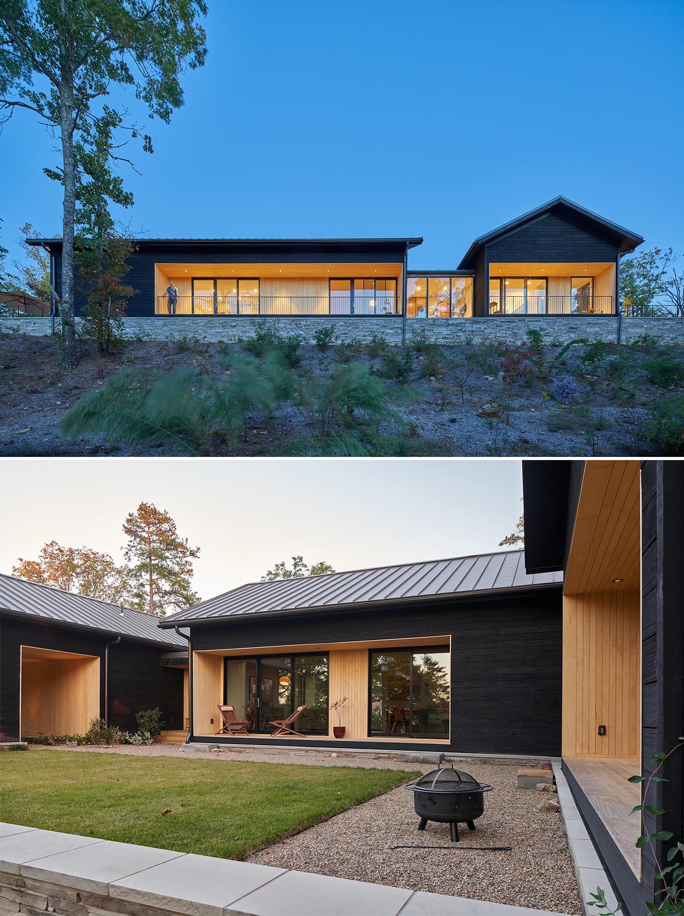 A modern home with burnt wood siding and alcoves lined with contrasting light wood.