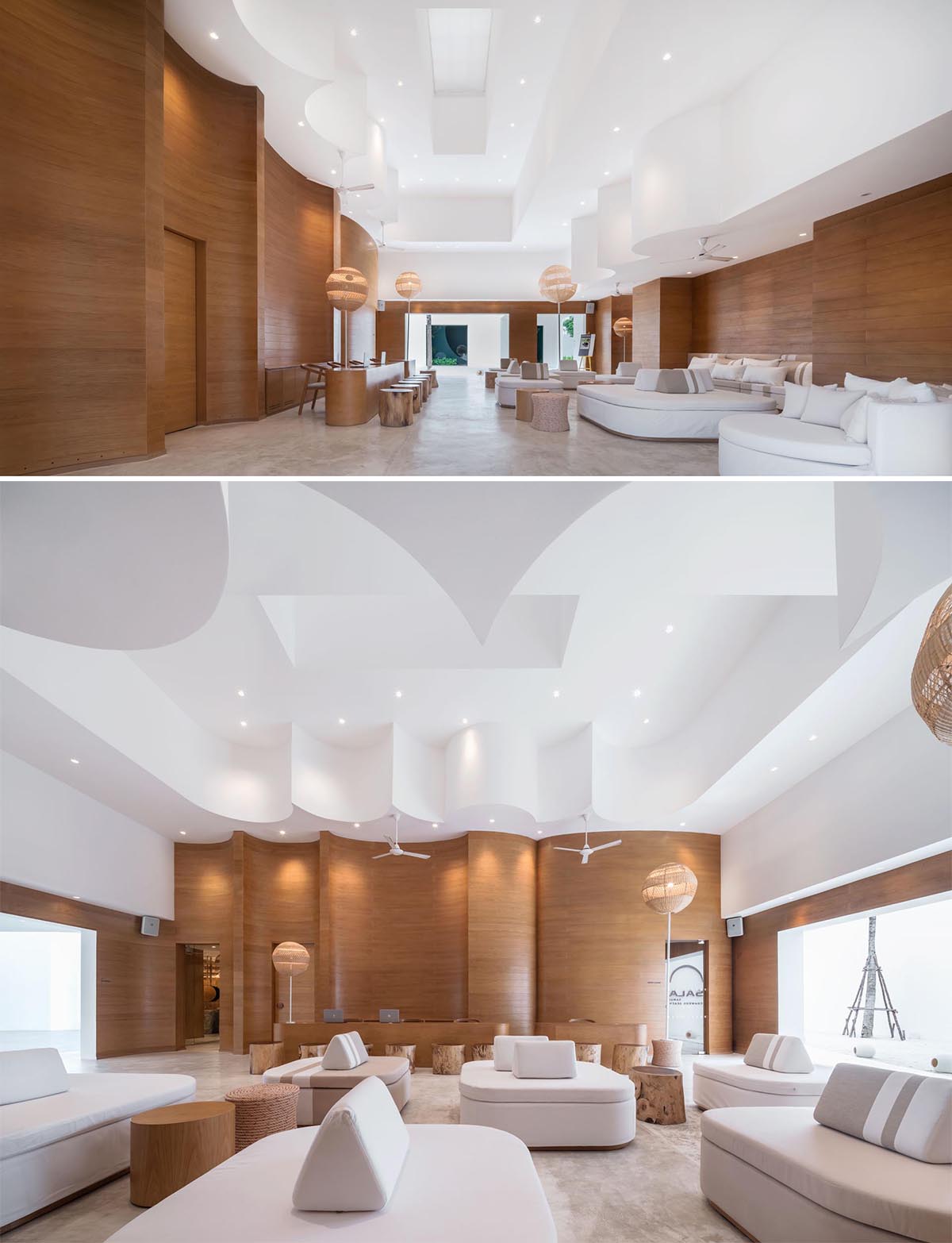 A modern hotel lobby with sculptural wood walls, woven lighting, and round furniture.