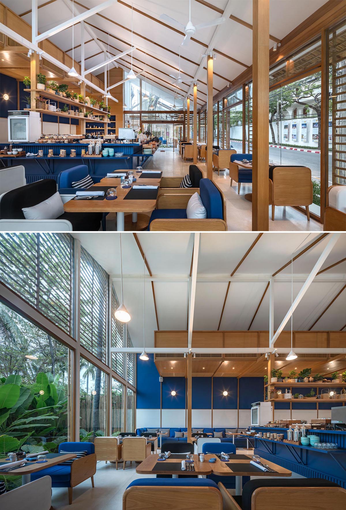 A modern hotel restaurant with blue, white, and wood color scheme.