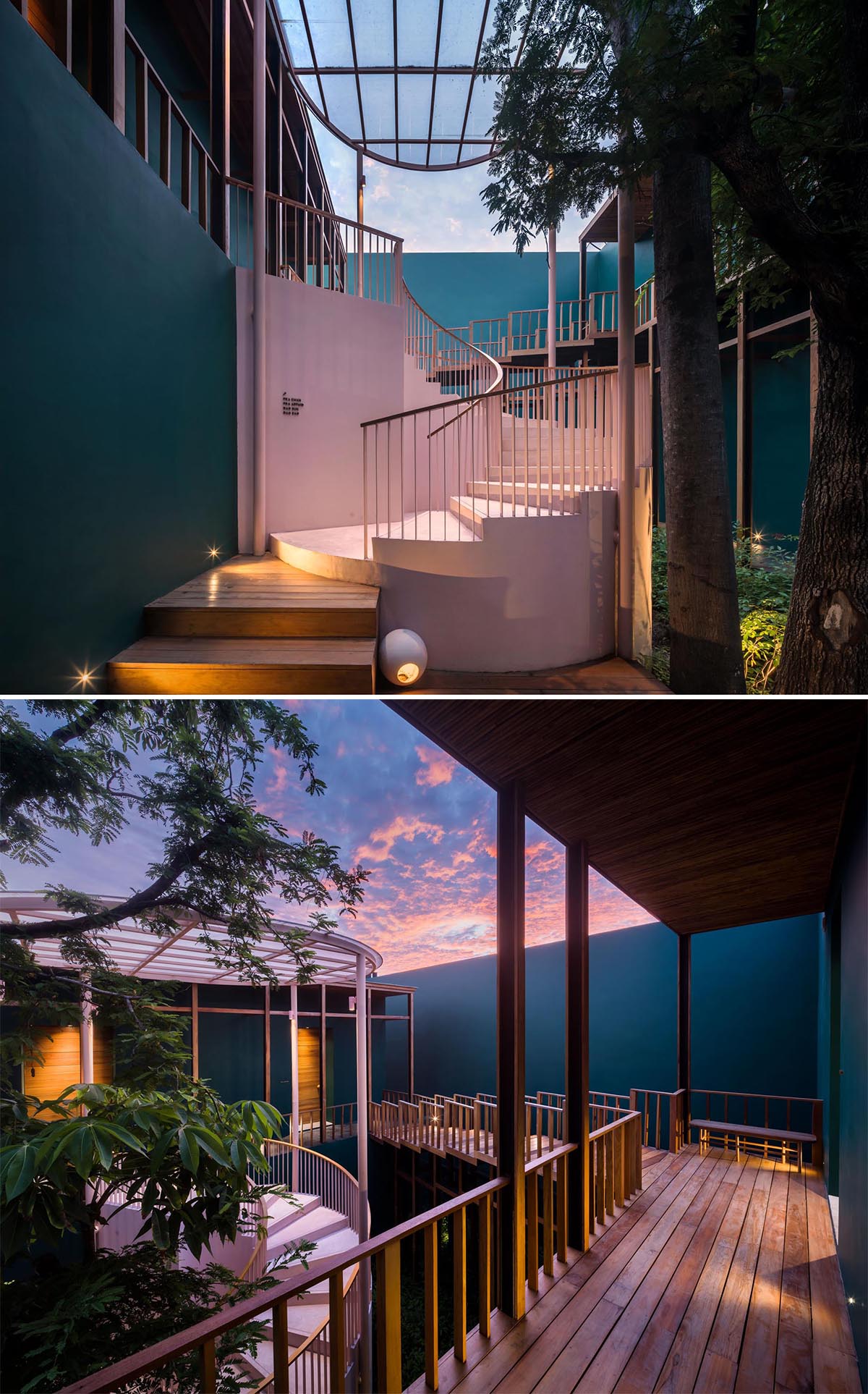 Dark green walls with light pink stairs.