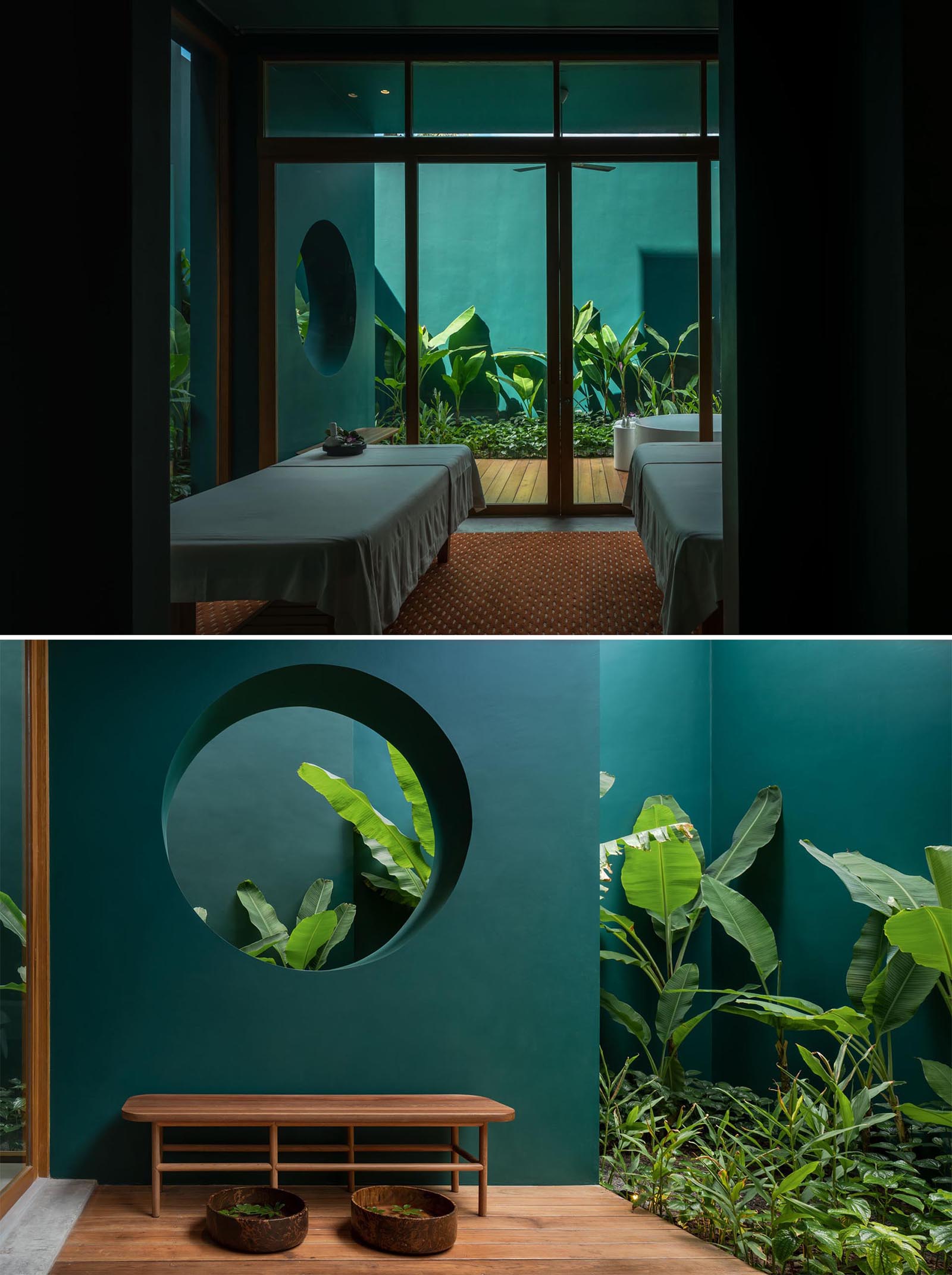 A spa with deep green walls.