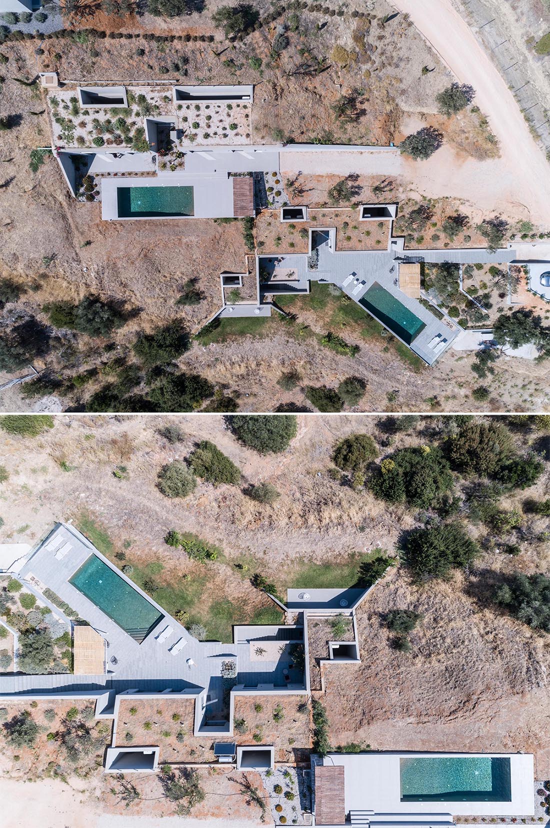 A trio of modern houses built into the hillside have multiple green roofs to help it blend in.