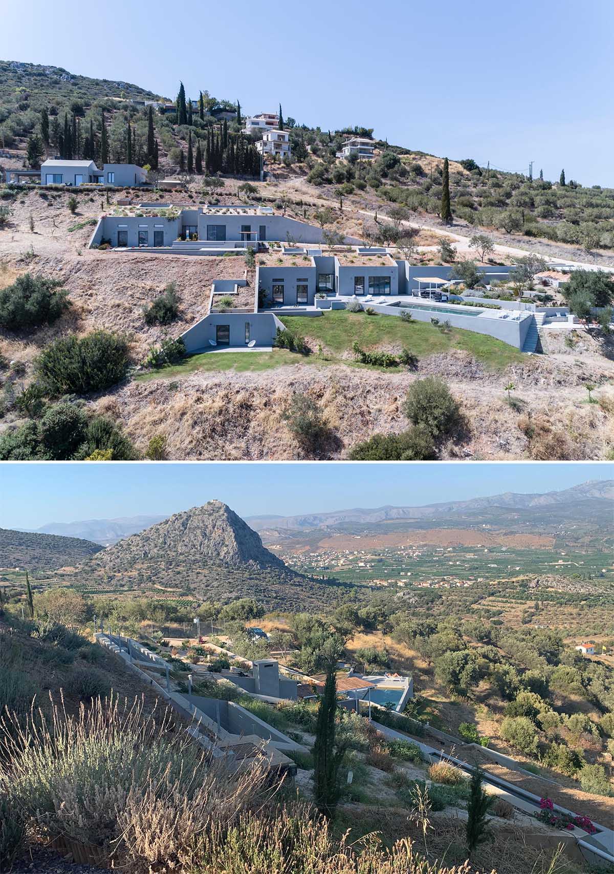 A trio of modern houses built into the hillside have multiple green roofs to help it blend in.