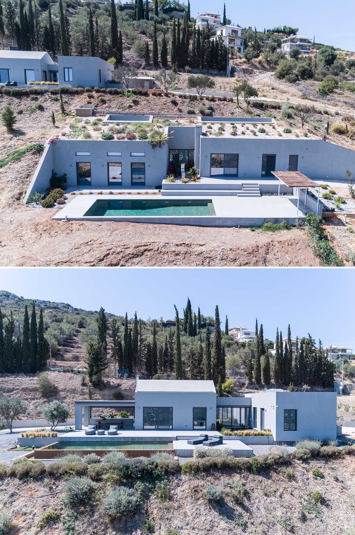 A modern house built into the hillside has a terrace with a pool.