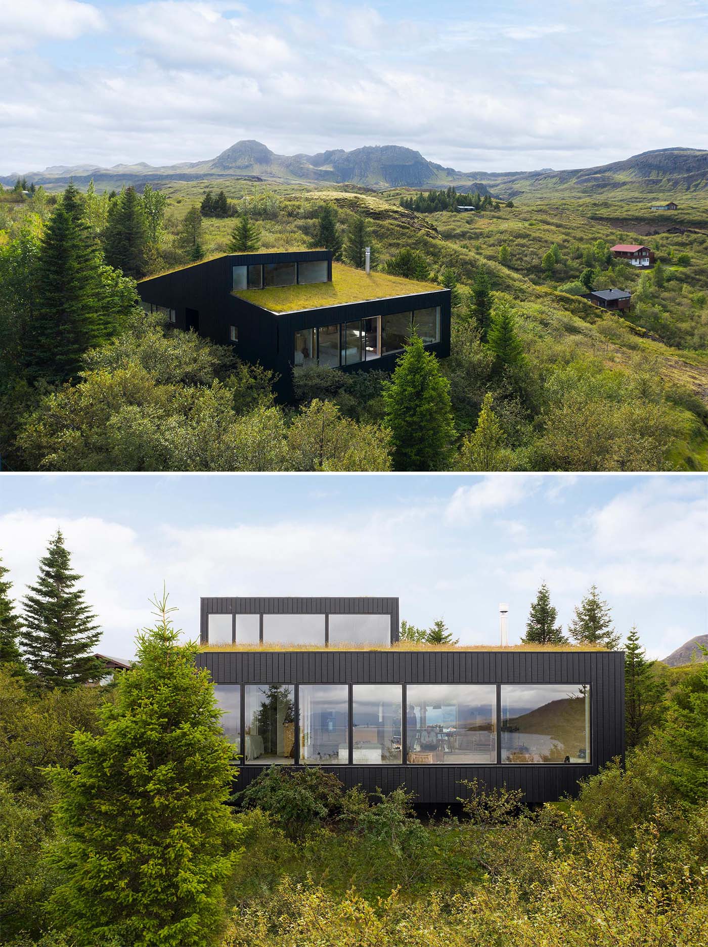 A modern home with blackened wood siding and a green roof.