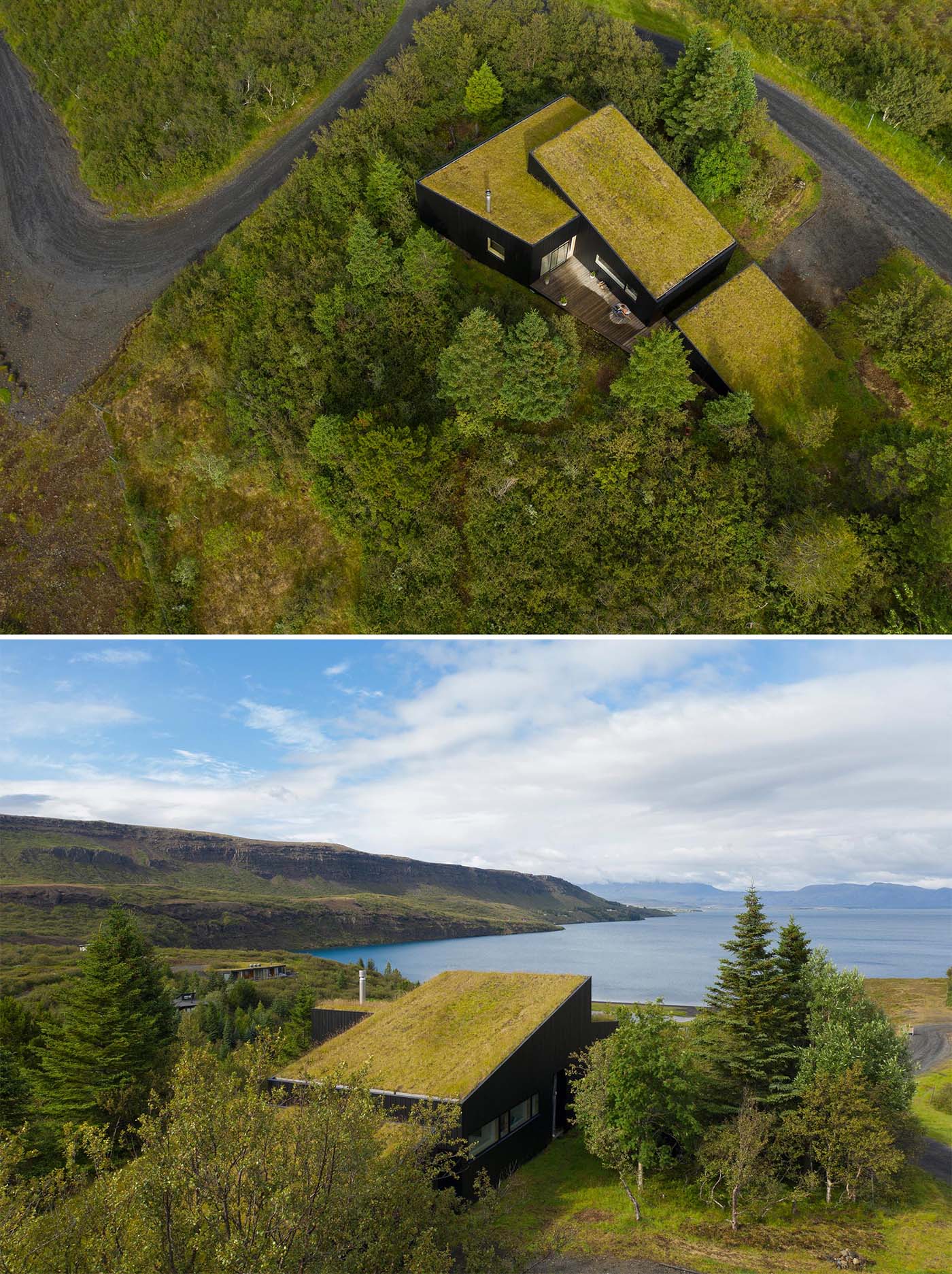 A modern home with blackened wood siding and a green roof.