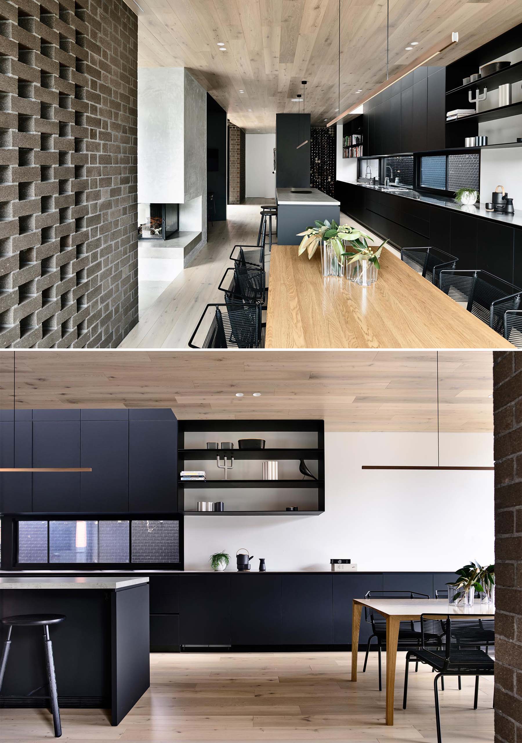 This modern kitchen shares the space with the dining room, however it's the matte black kitchen cabinets that line the wall that command attention.